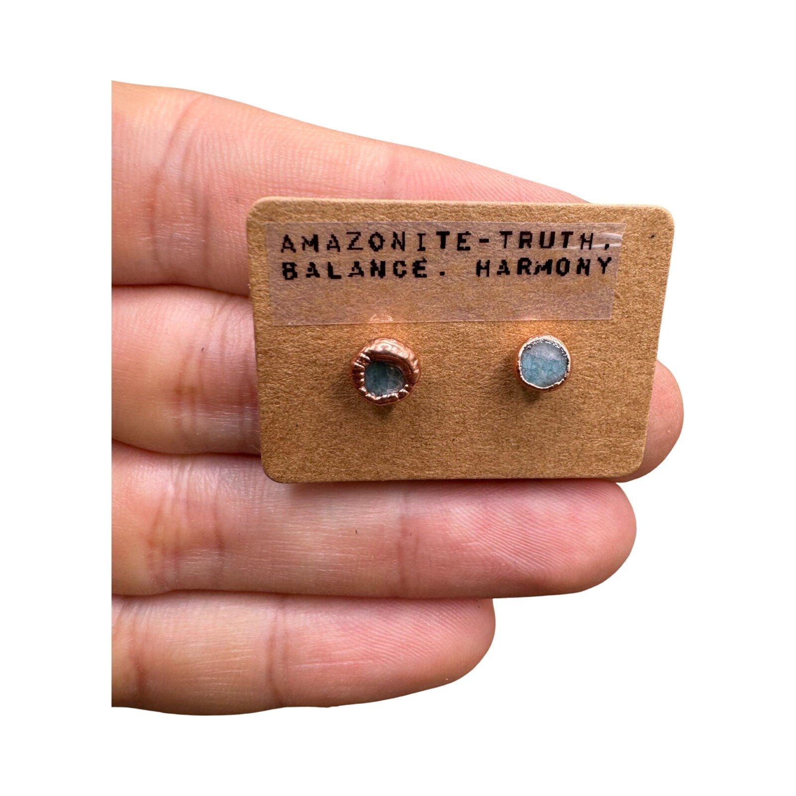 Electroformed Copper Amazonite Stud Earrings: Handmade Crystal Jewelry