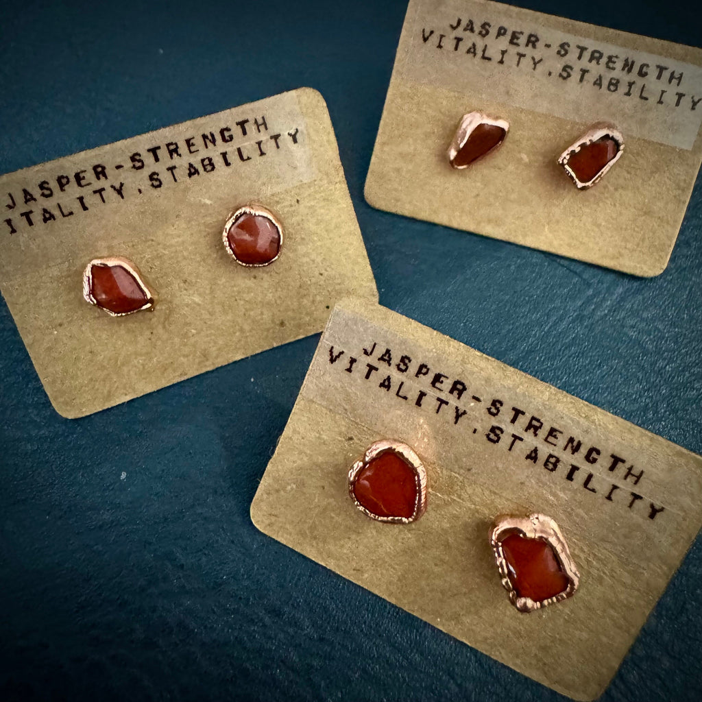 Red Jasper Birthstone Earrings / Dainty Red Copper Studs / Electroformed Jewelry