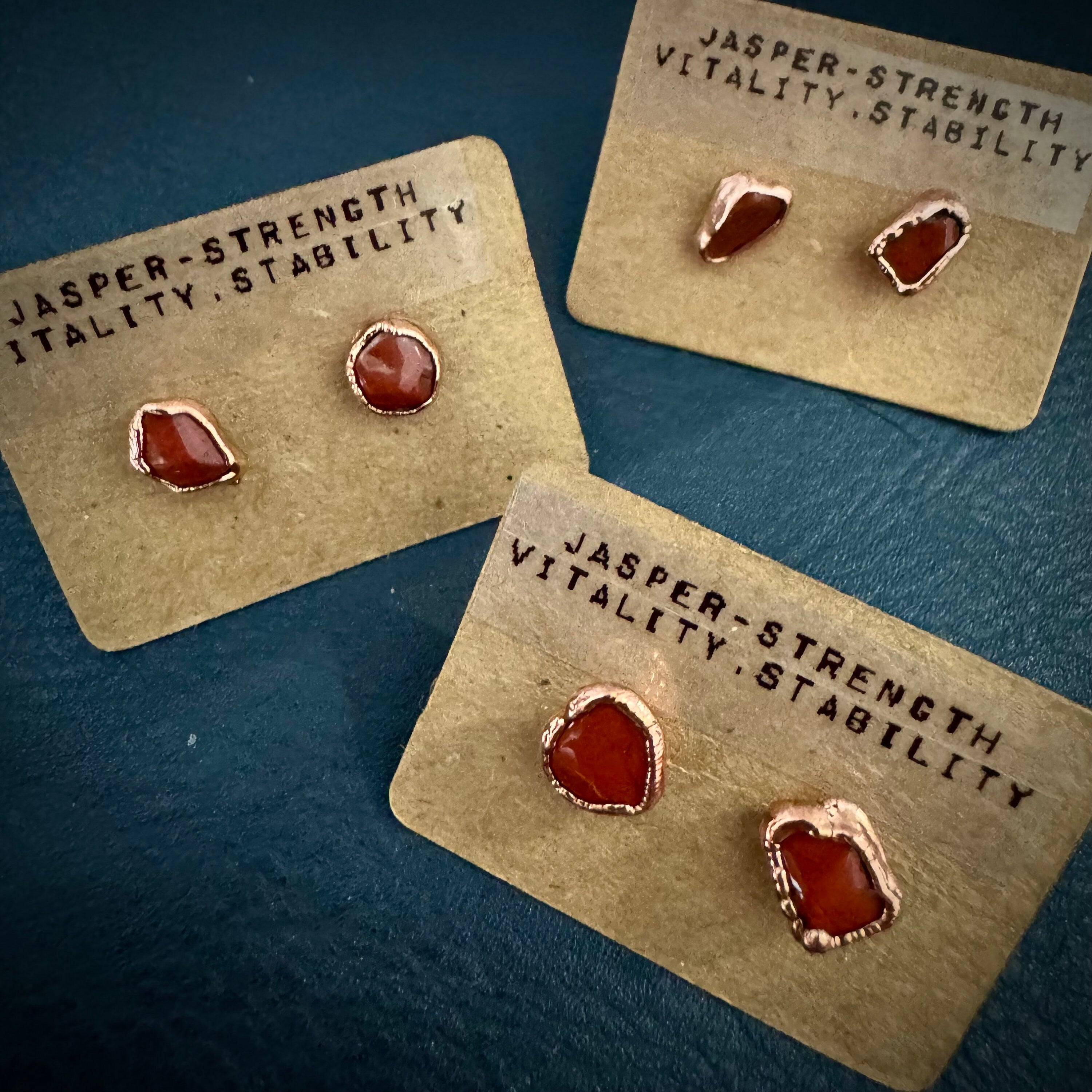 Red Jasper Birthstone Earrings / Dainty Red Copper Studs / Electroformed Jewelry