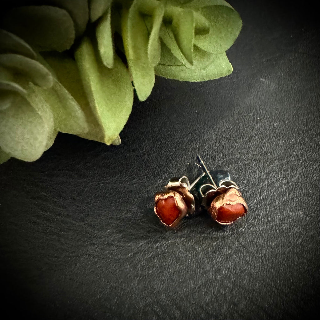 Red Jasper Birthstone Earrings / Dainty Red Copper Studs / Electroformed Jewelry