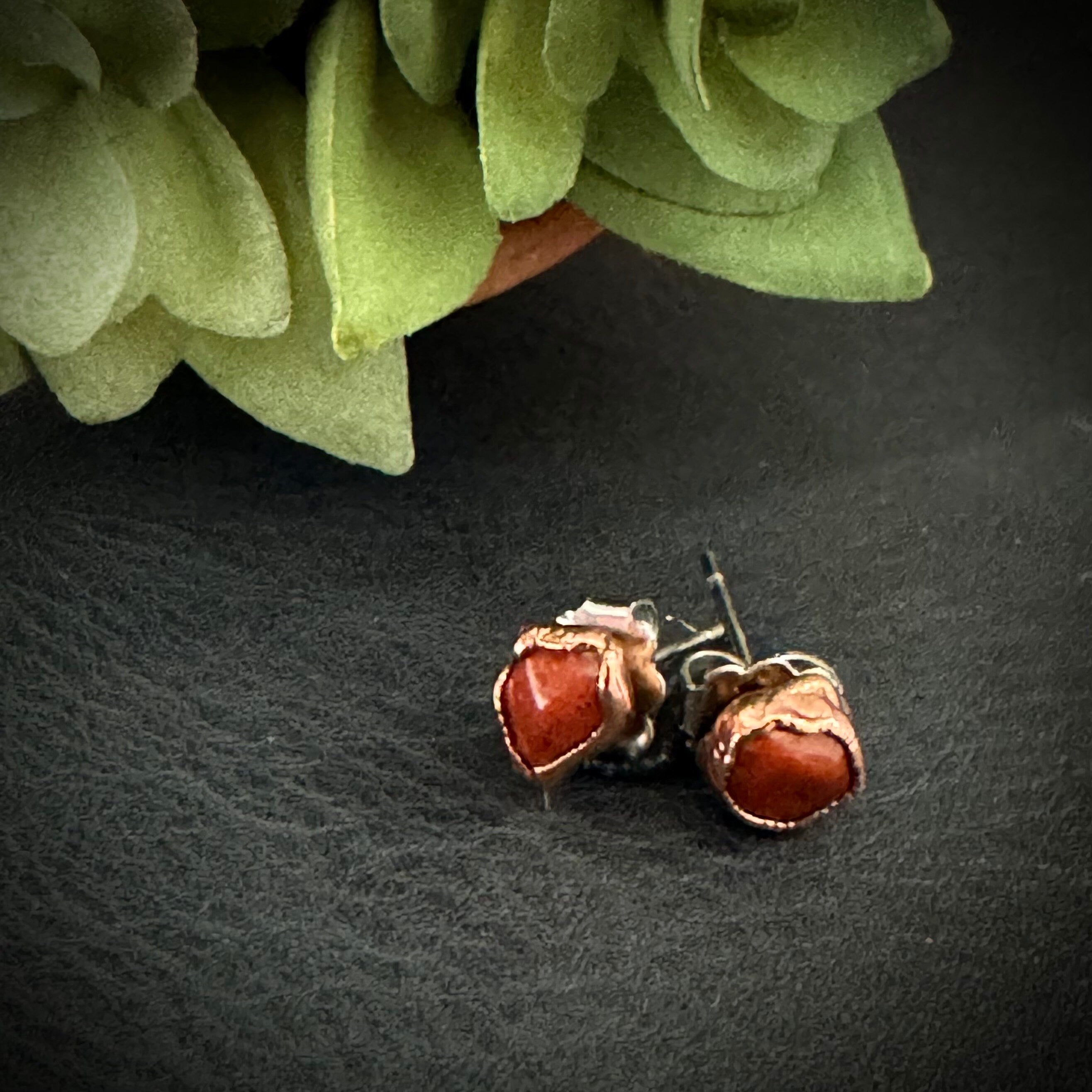 Red Jasper Birthstone Earrings / Dainty Red Copper Studs / Electroformed Jewelry