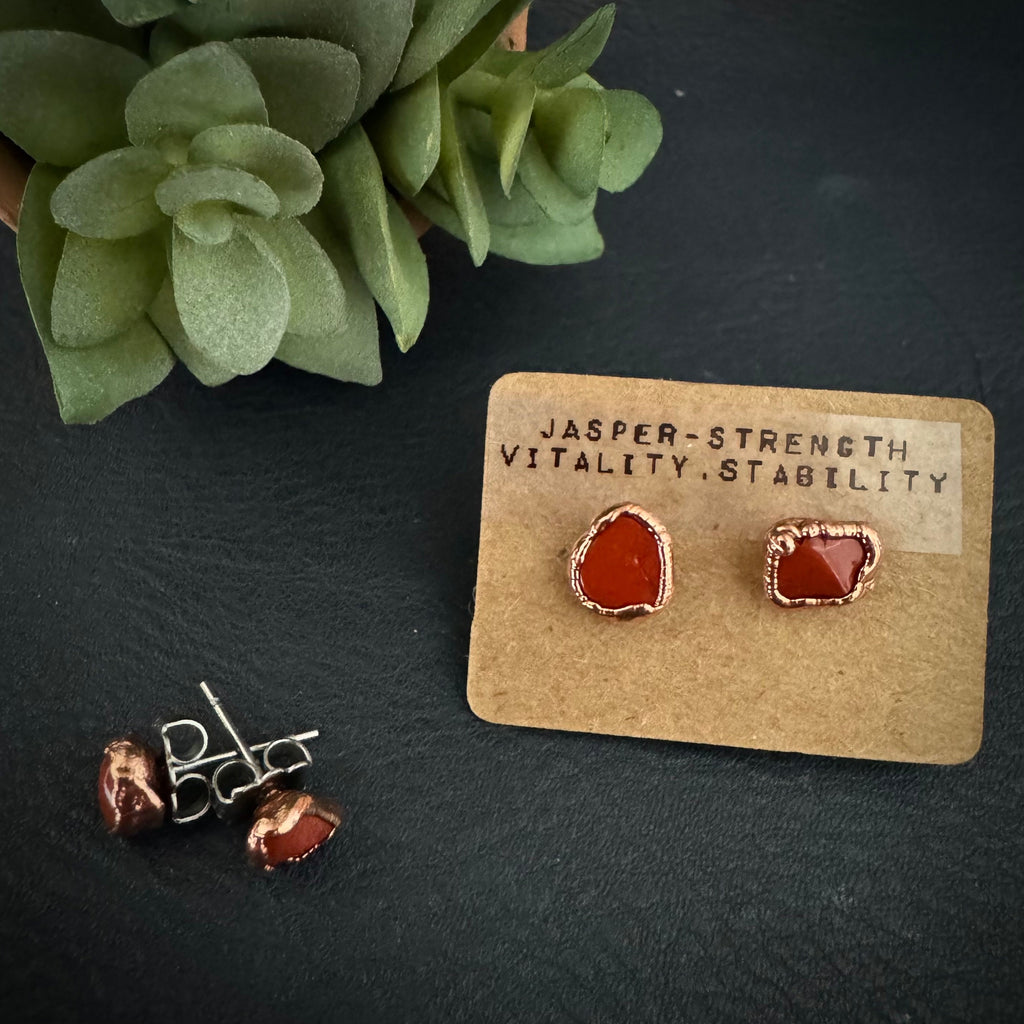 Red Jasper Birthstone Earrings / Dainty Red Copper Studs / Electroformed Jewelry