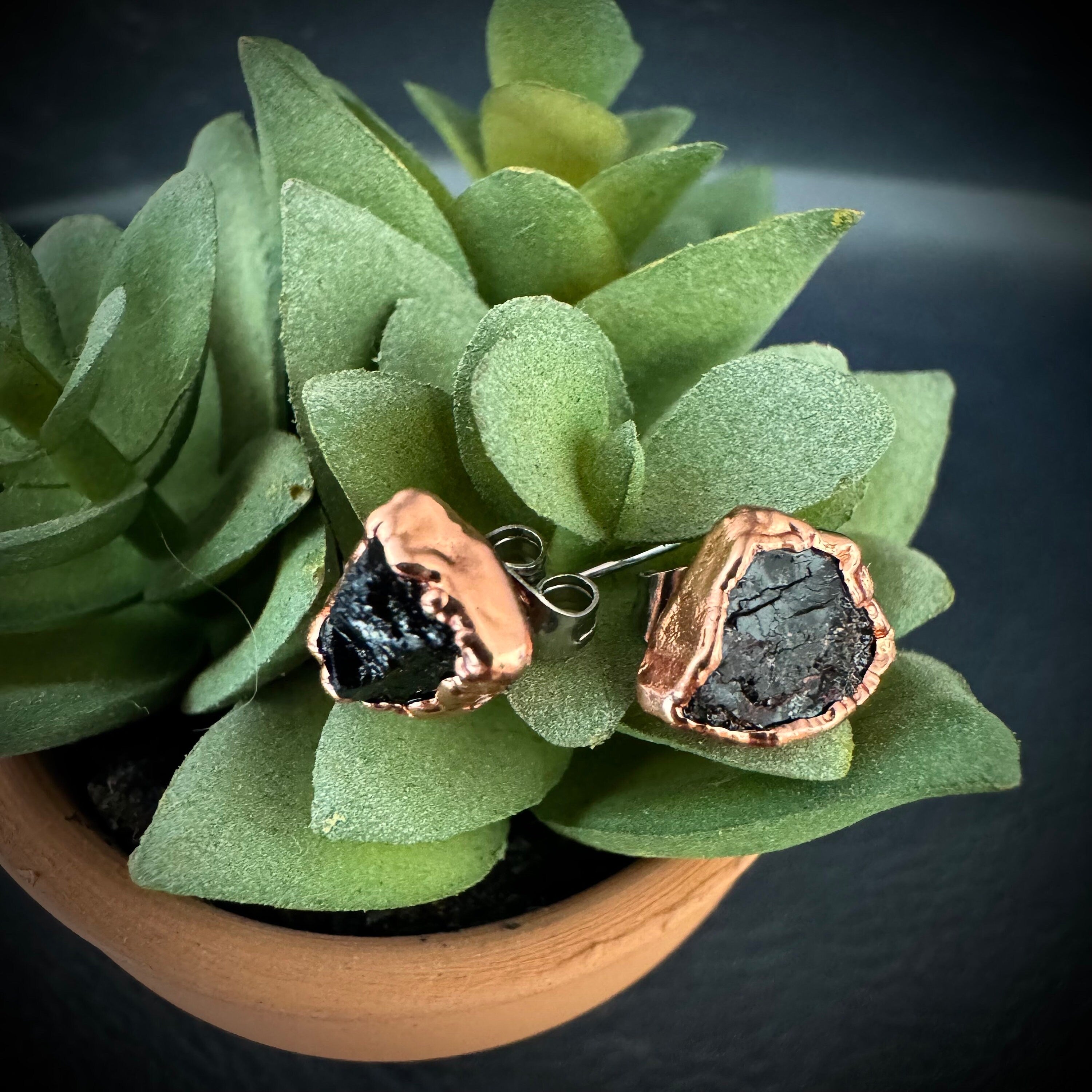 Black Tourmaline Earrings / Raw Crystal Copper Studs / Libra Birthstone Earrings / Electroformed Jewelry