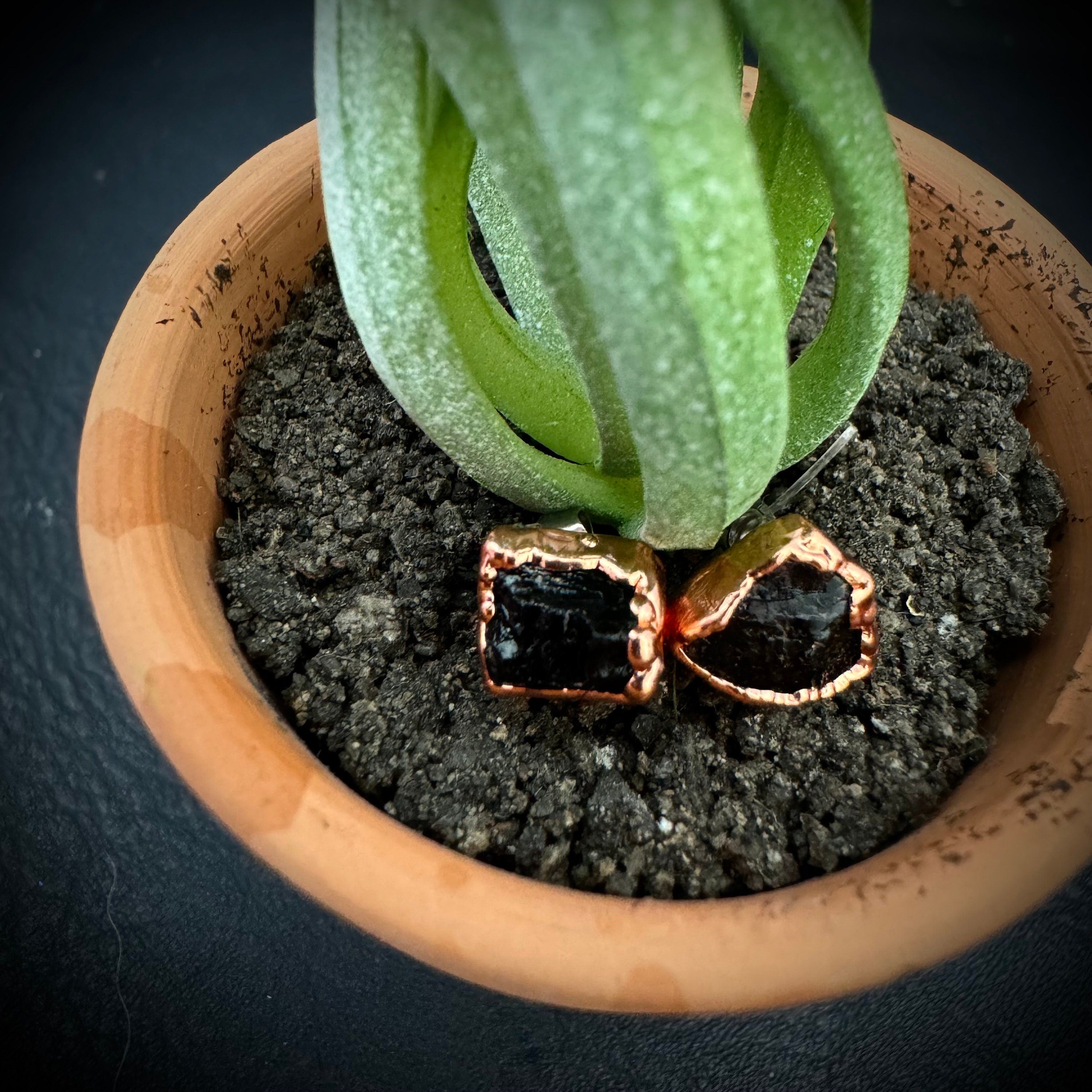 Black Tourmaline Earrings / Raw Crystal Copper Studs / Libra Birthstone Earrings / Electroformed Jewelry