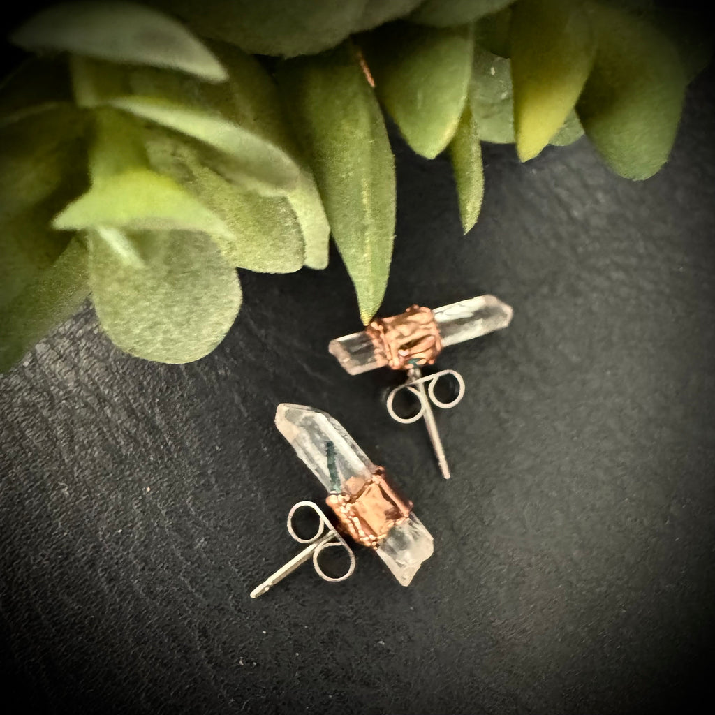 Quartz Earrings Stud / Bridesmaid Crystal Earrings / Electroformed Copper Jewelry