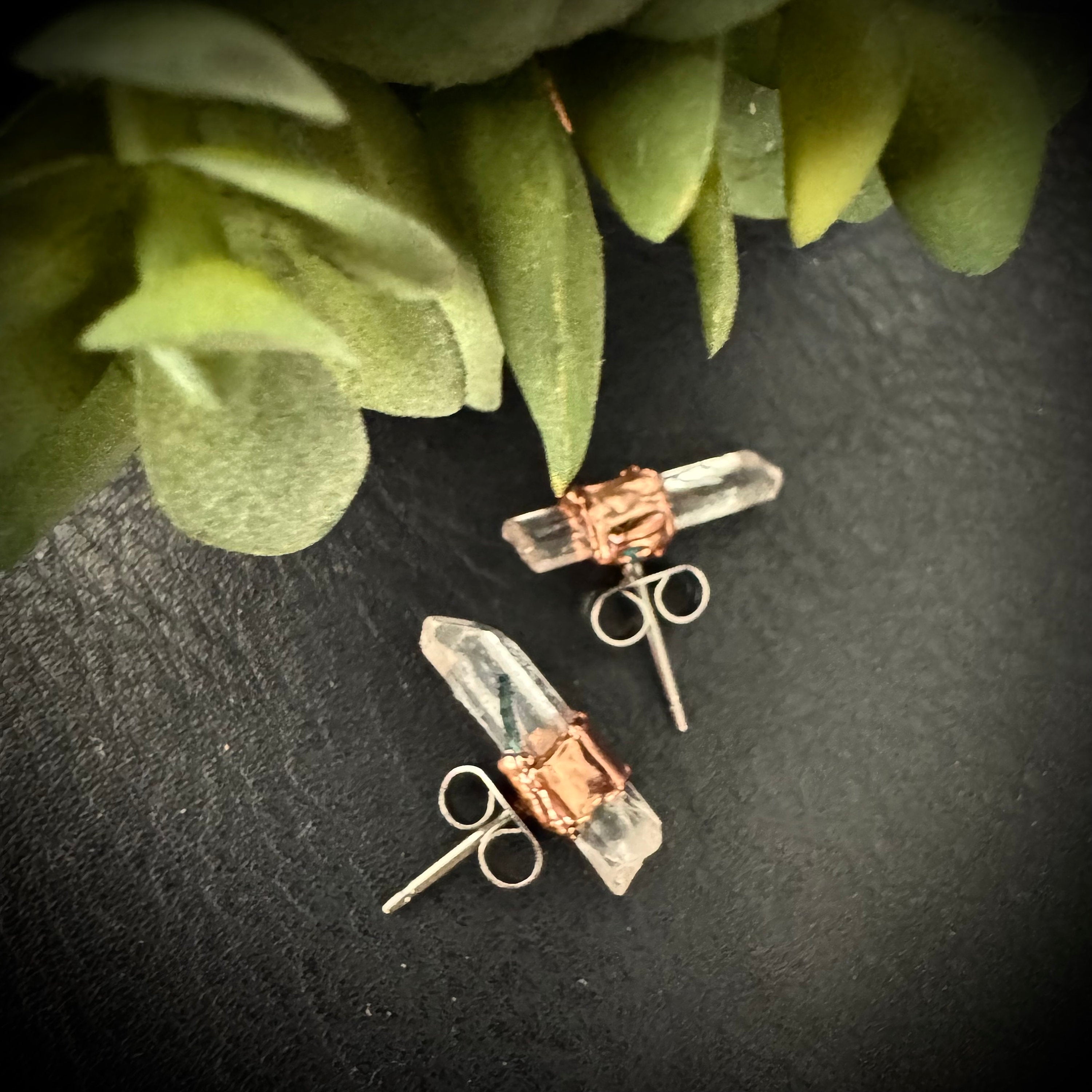 Quartz Earrings Stud / Bridesmaid Crystal Earrings / Electroformed Copper Jewelry
