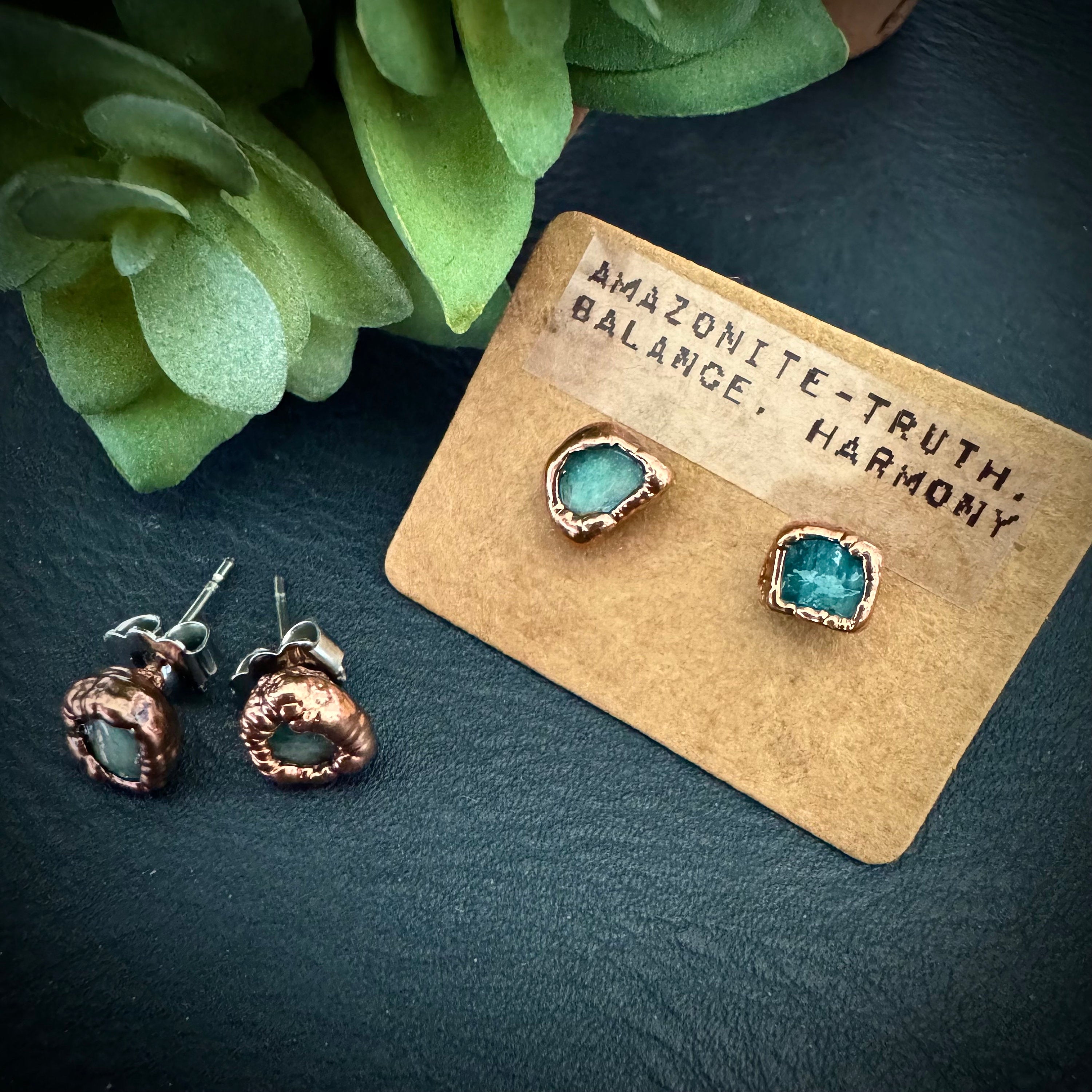 Electroformed Copper Amazonite Stud Earrings: Handmade Crystal Jewelry