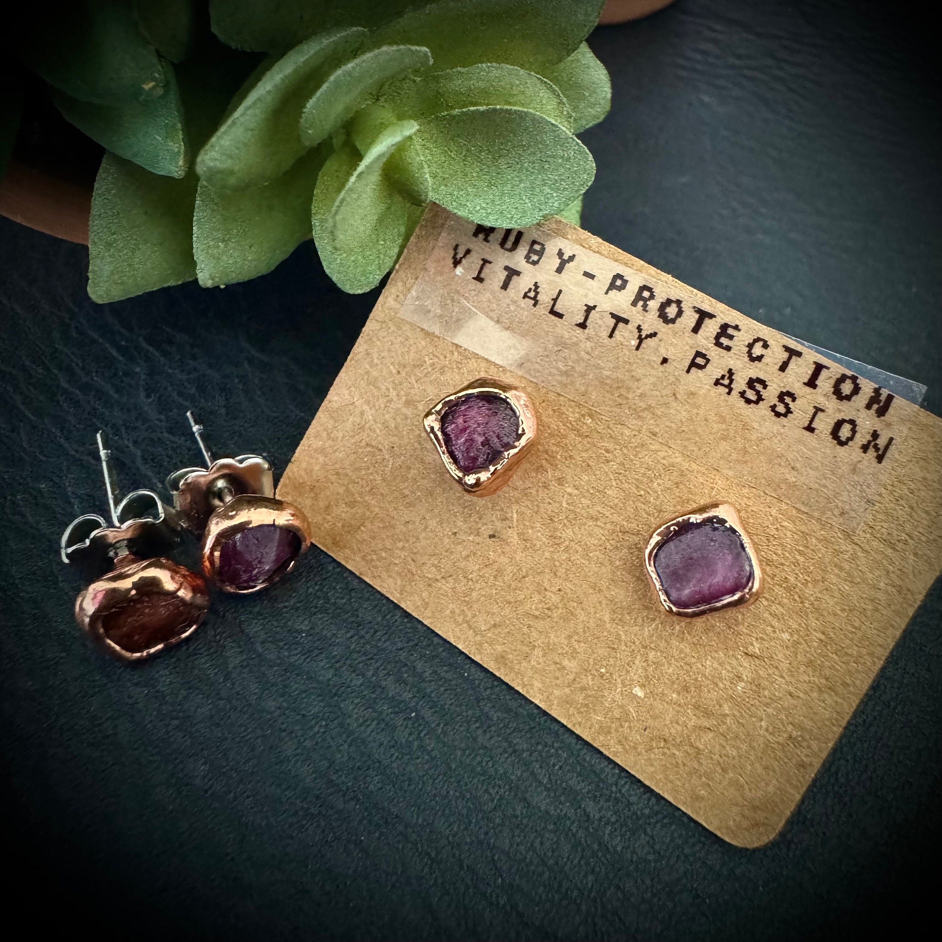 Ruby Stud Earrings / Raw Crystal Copper Studs / July Birthstone Earrings / Electroformed Jewelry