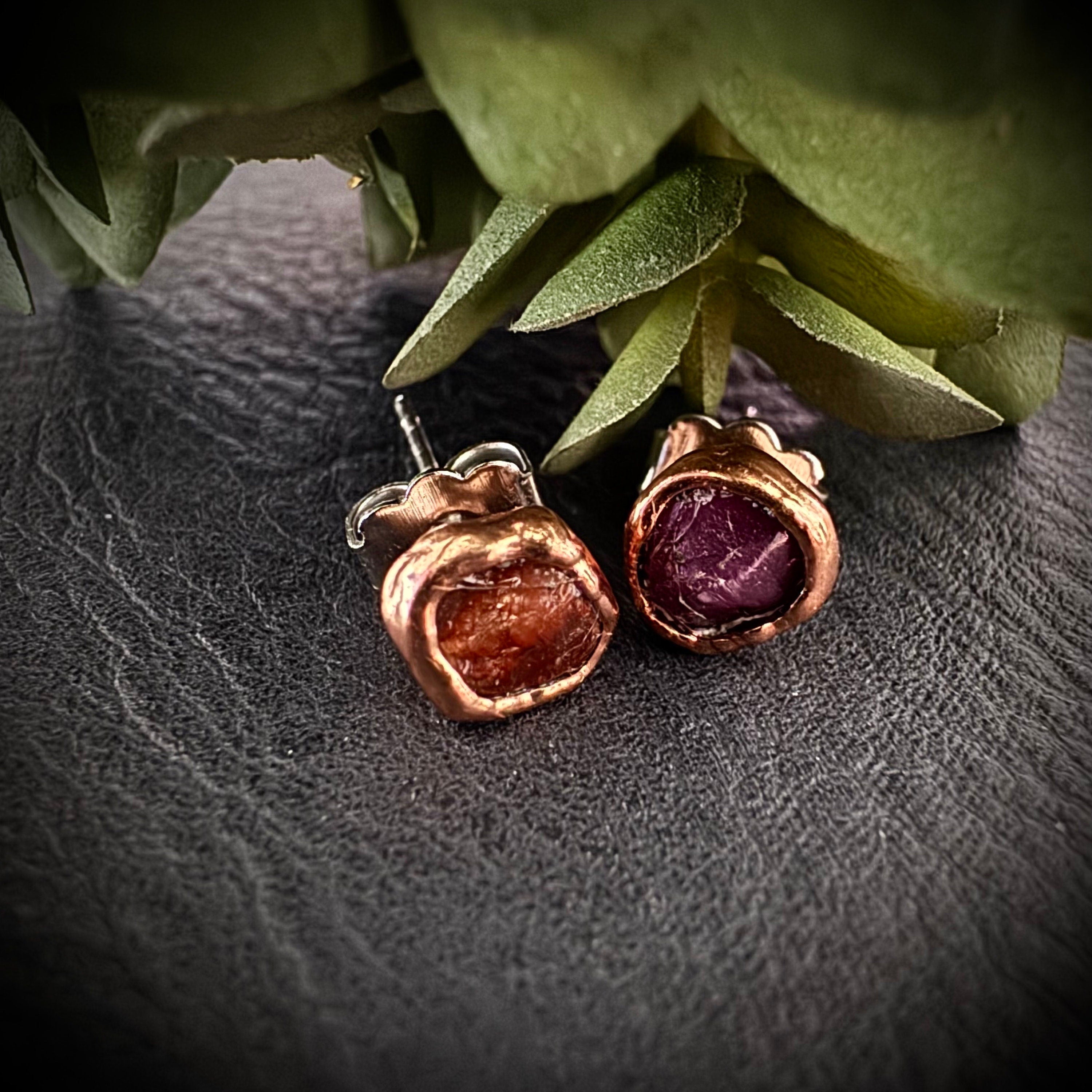 Ruby Stud Earrings / Raw Crystal Copper Studs / July Birthstone Earrings / Electroformed Jewelry