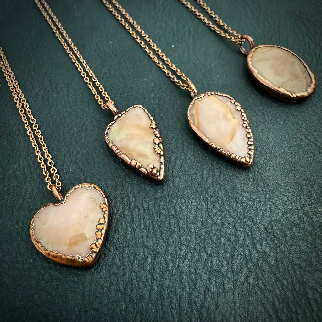 Pink Opal Rose Cut Necklace: Electroformed Copper Pendant, October Birthstone