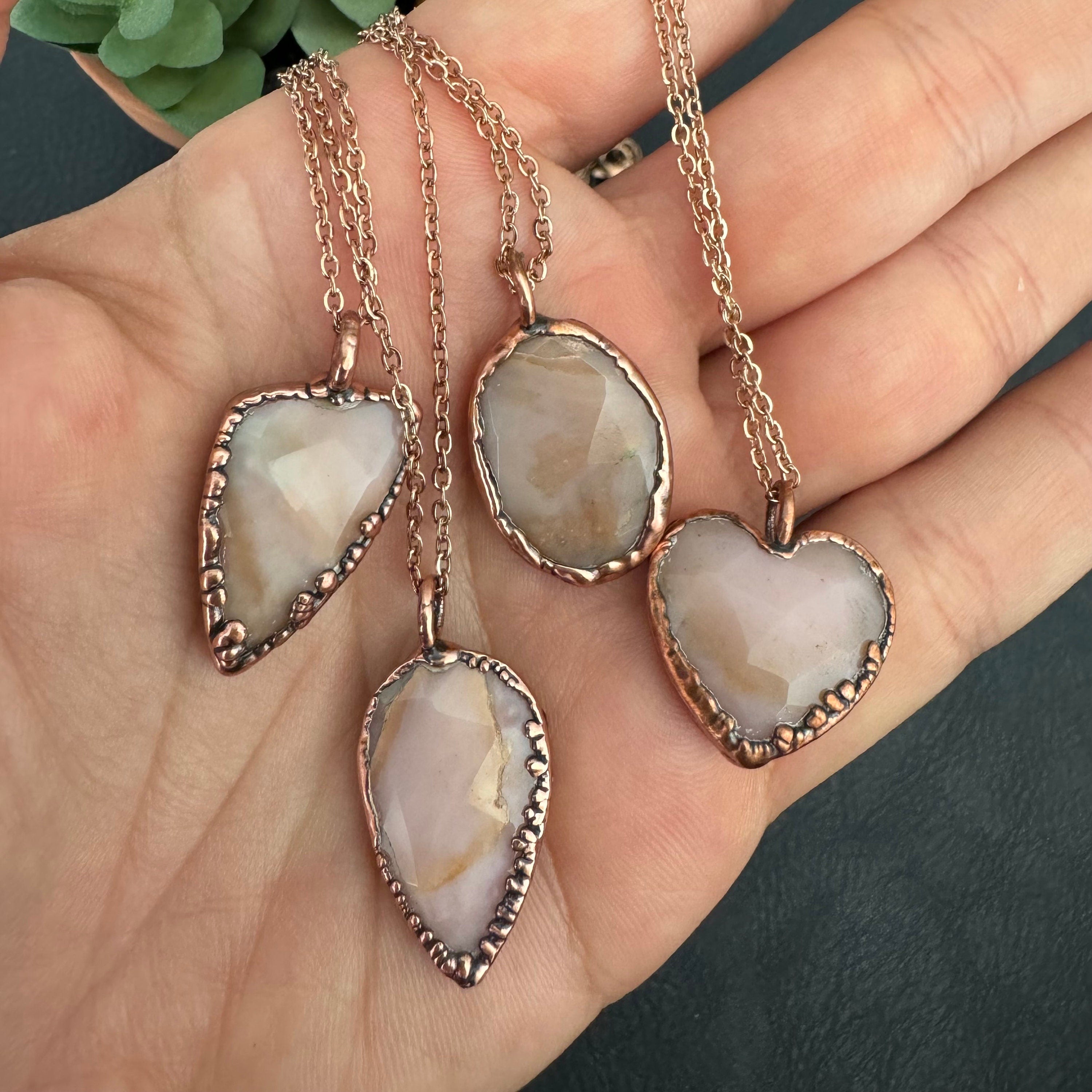 Pink Opal Rose Cut Necklace: Electroformed Copper Pendant, October Birthstone