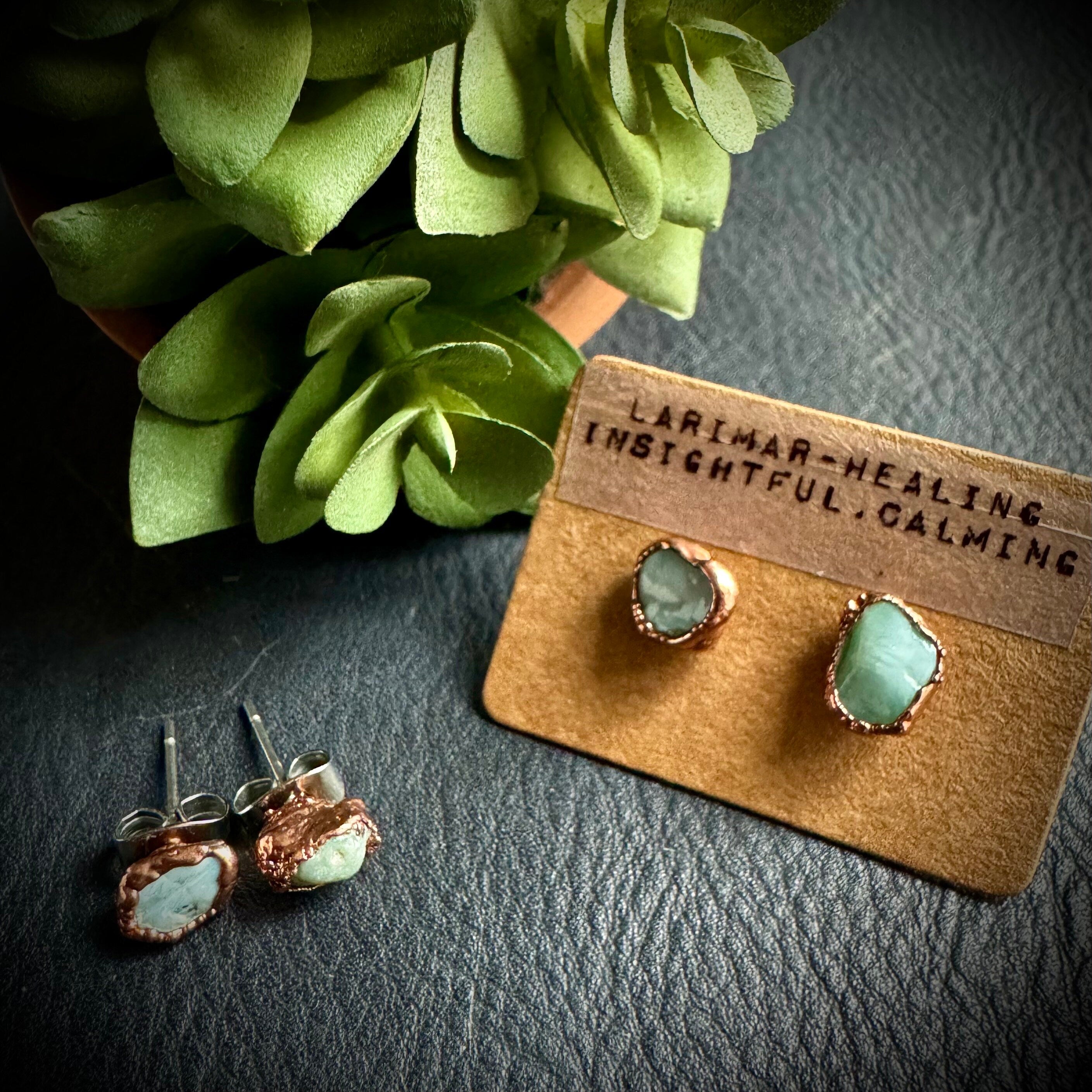 Larimar Stud Earrings: Small Raw Crystal, Electroformed Copper