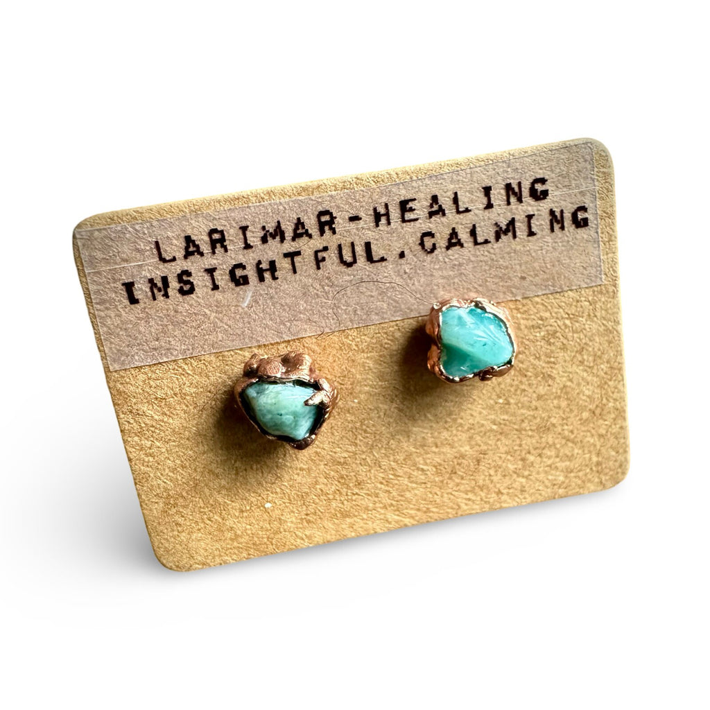 Larimar Stud Earrings: Small Raw Crystal, Electroformed Copper
