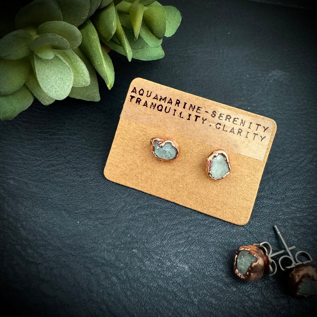 Aquamarine Earrings / Birthstone Stud Earrings / Electroformed Copper