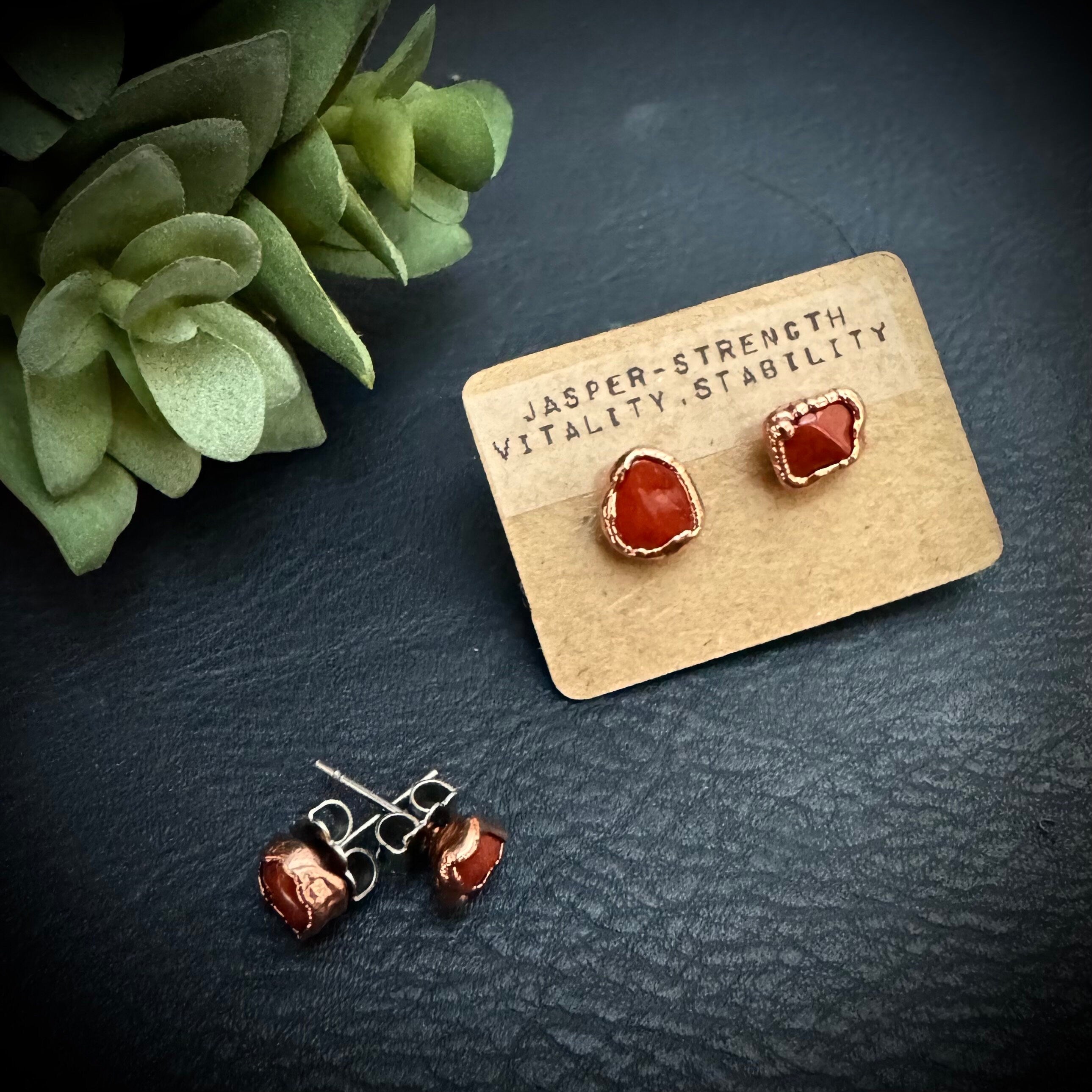 Red Jasper Birthstone Earrings / Dainty Red Copper Studs / Electroformed Jewelry