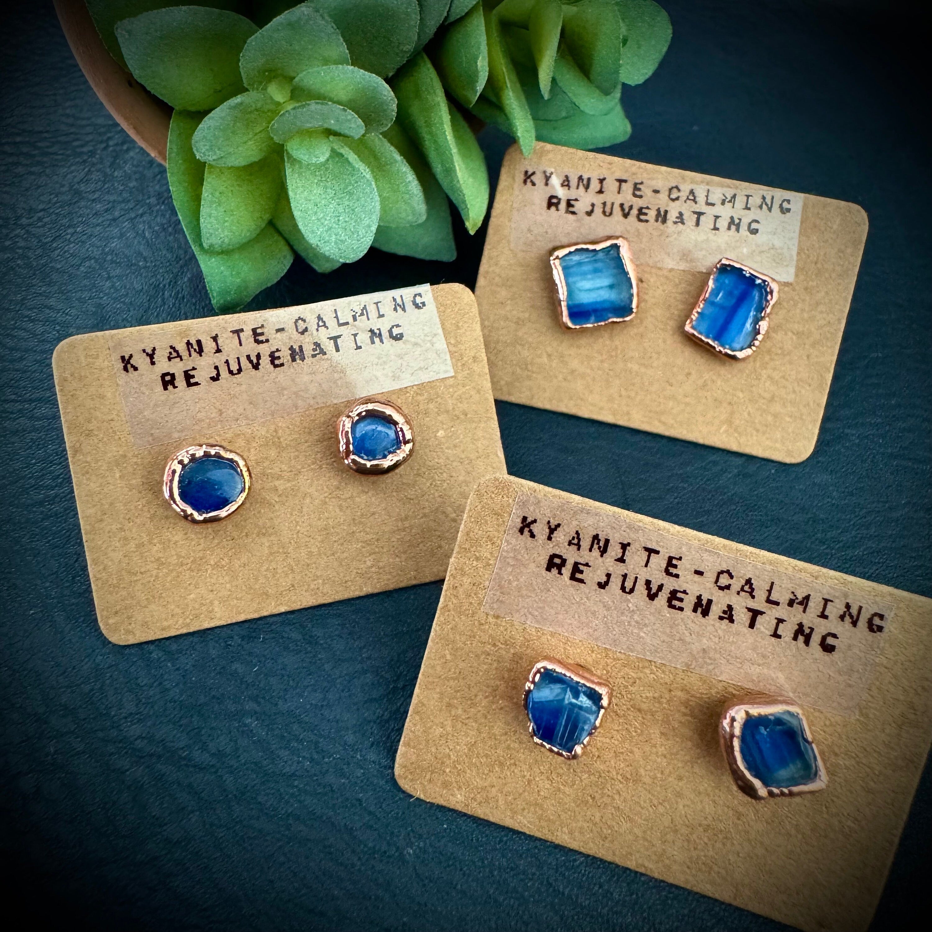 Kyanite Copper Stud Earrings: Raw Birthstone Jewelry