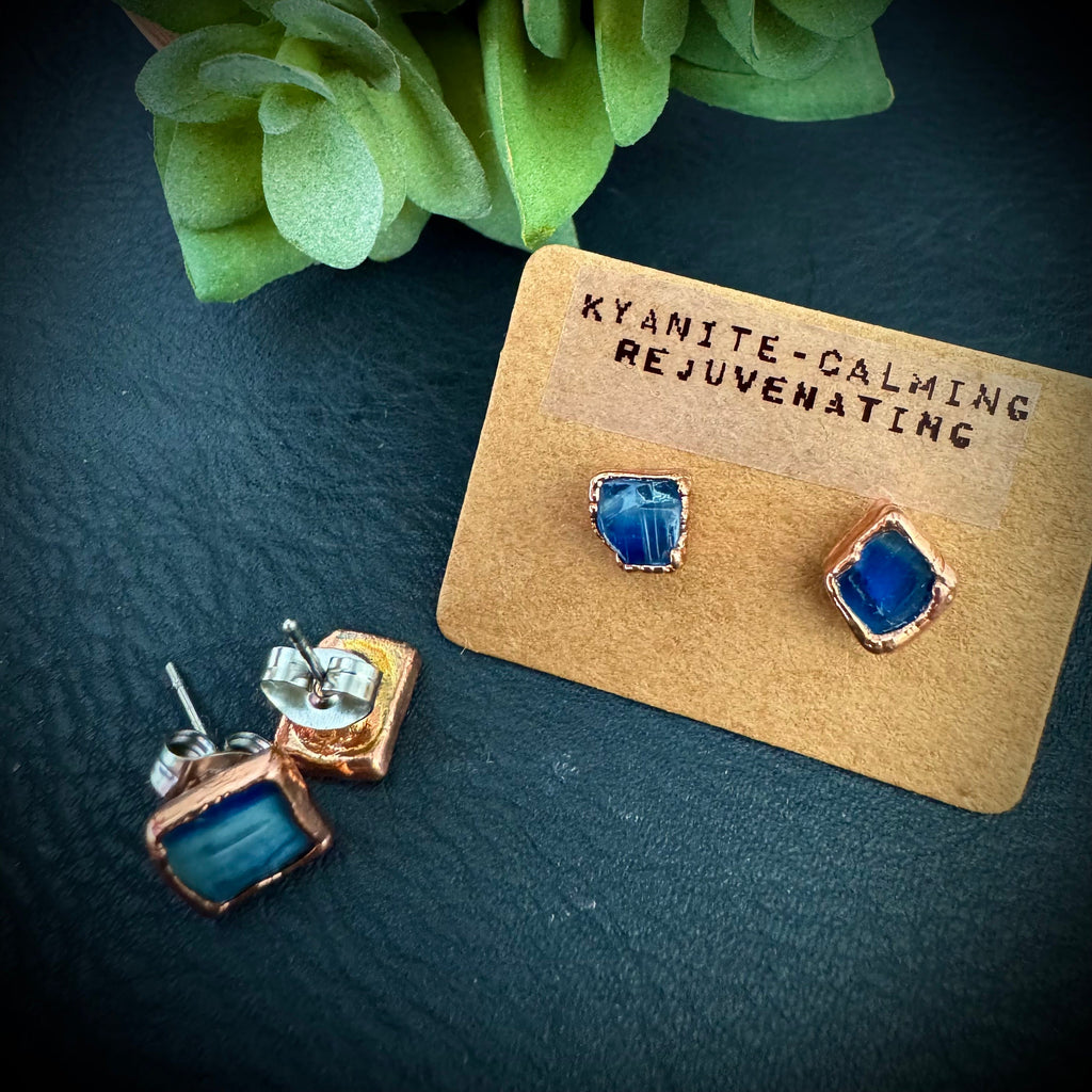 Kyanite Copper Stud Earrings: Raw Birthstone Jewelry