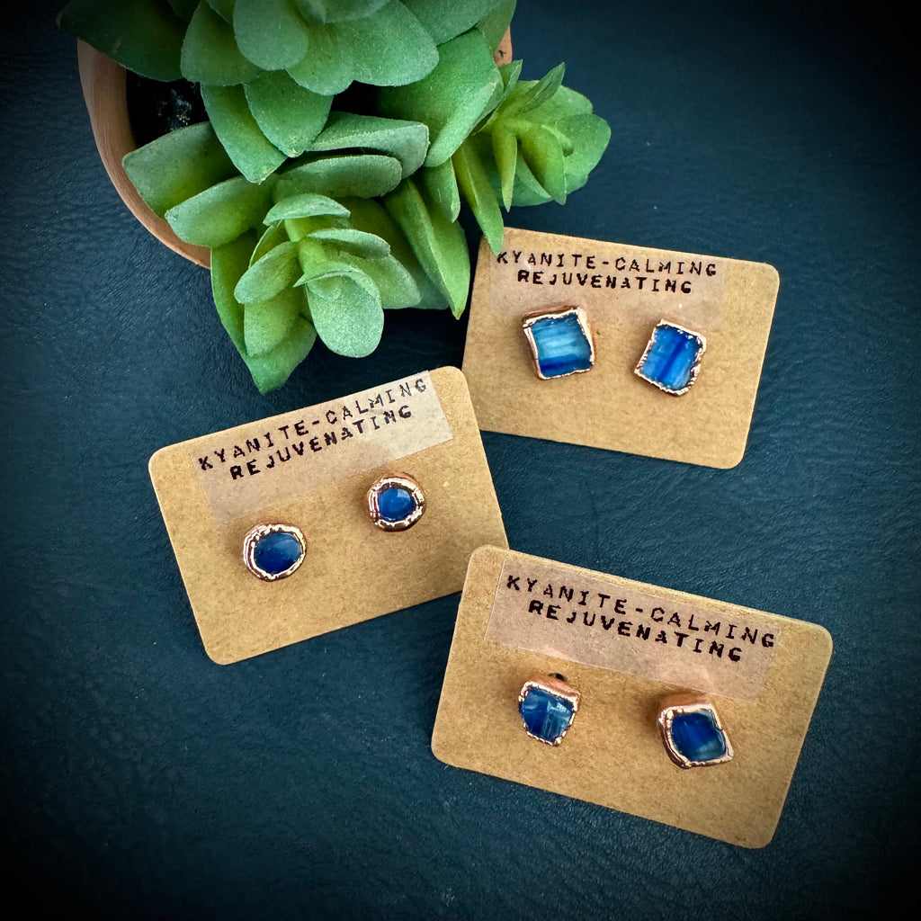 Kyanite Copper Stud Earrings: Raw Birthstone Jewelry