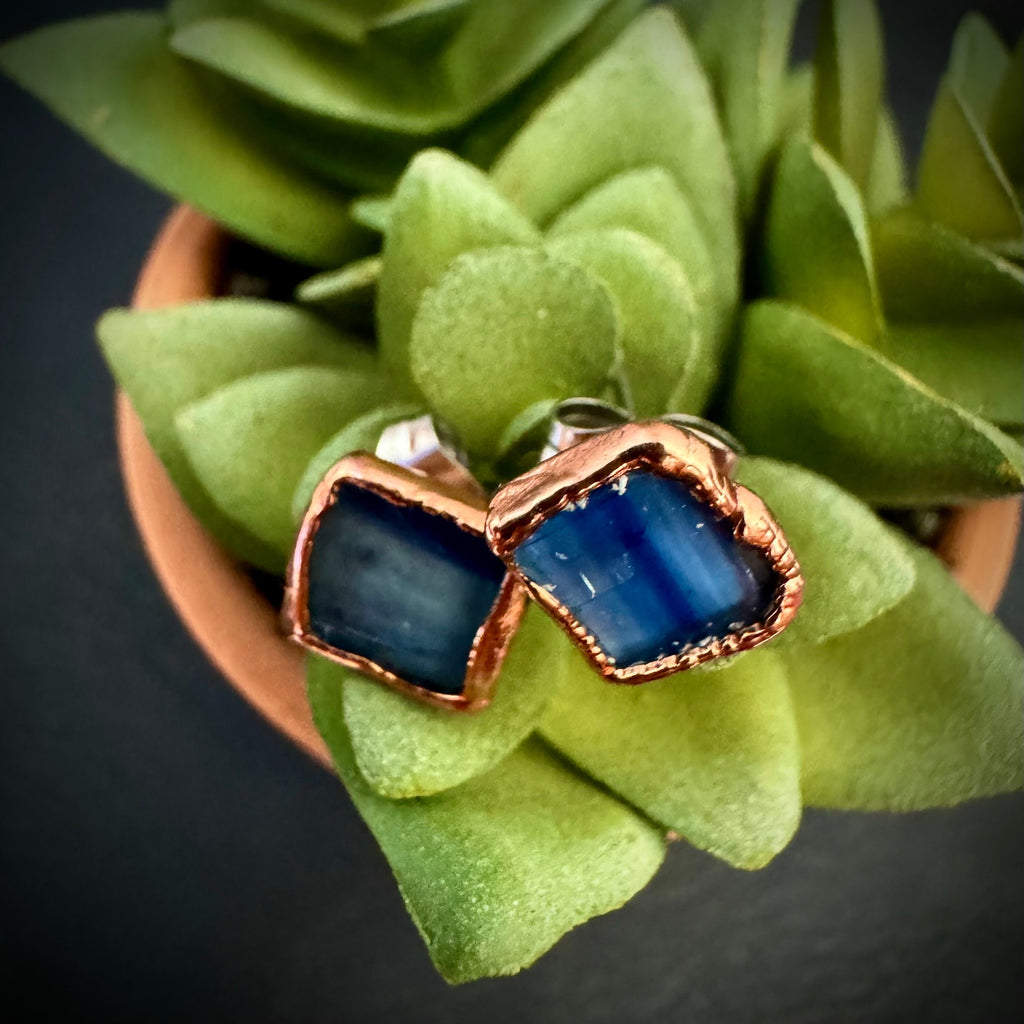Kyanite Copper Stud Earrings: Raw Birthstone Jewelry