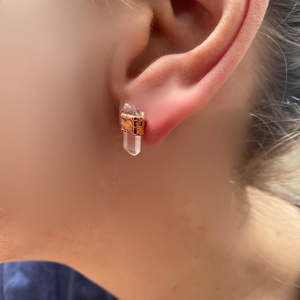 Quartz Earrings Stud / Bridesmaid Crystal Earrings / Electroformed Copper Jewelry