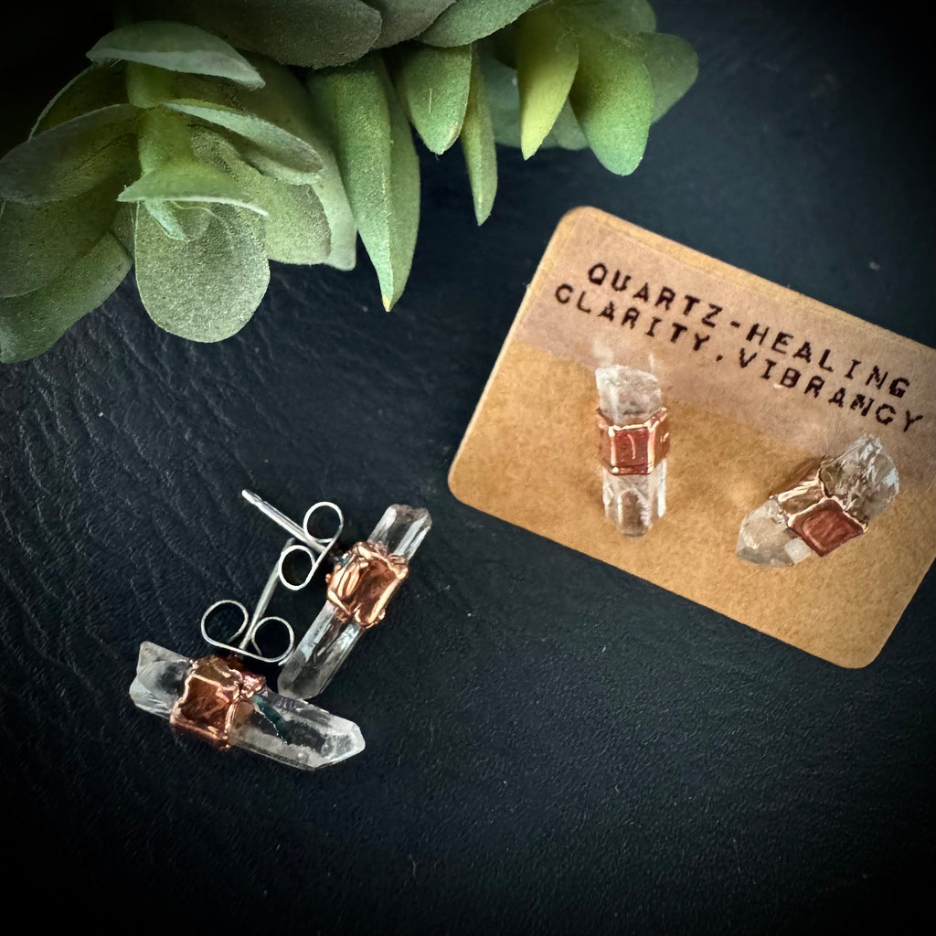 Quartz Earrings Stud / Bridesmaid Crystal Earrings / Electroformed Copper Jewelry