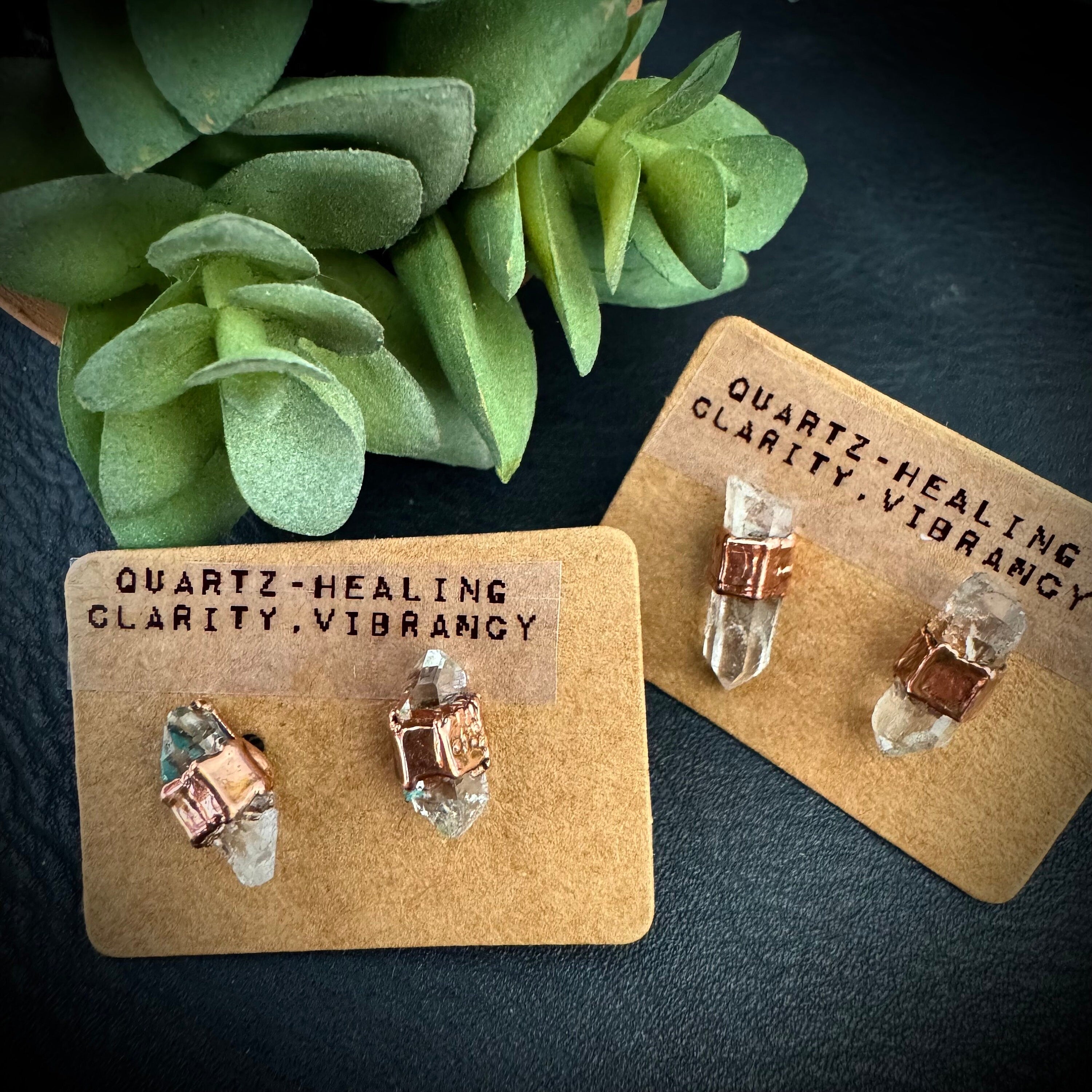 Quartz Earrings Stud / Bridesmaid Crystal Earrings / Electroformed Copper Jewelry