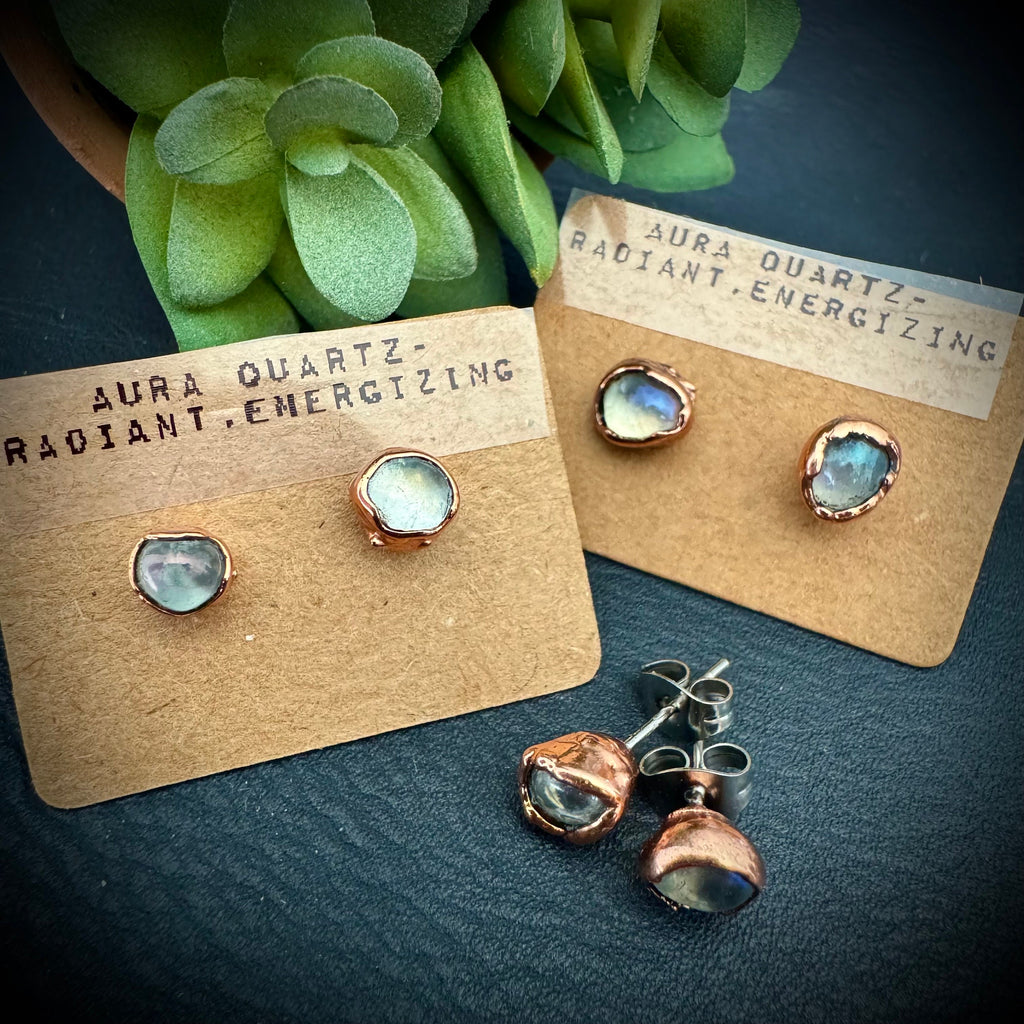 Aura Quartz Earrings  / Crystal Stud Earrings / Electroformed Copper Jewelry
