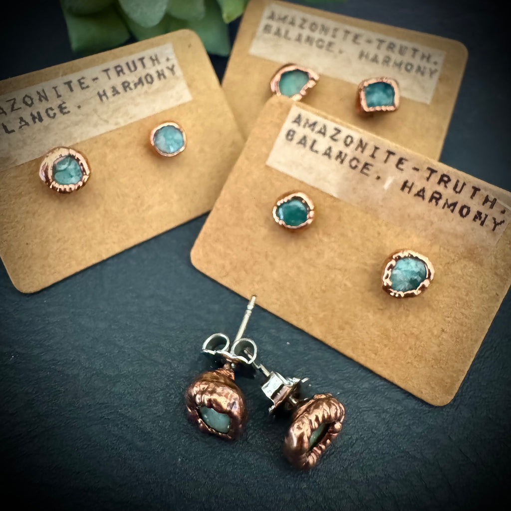Electroformed Copper Amazonite Stud Earrings: Handmade Crystal Jewelry