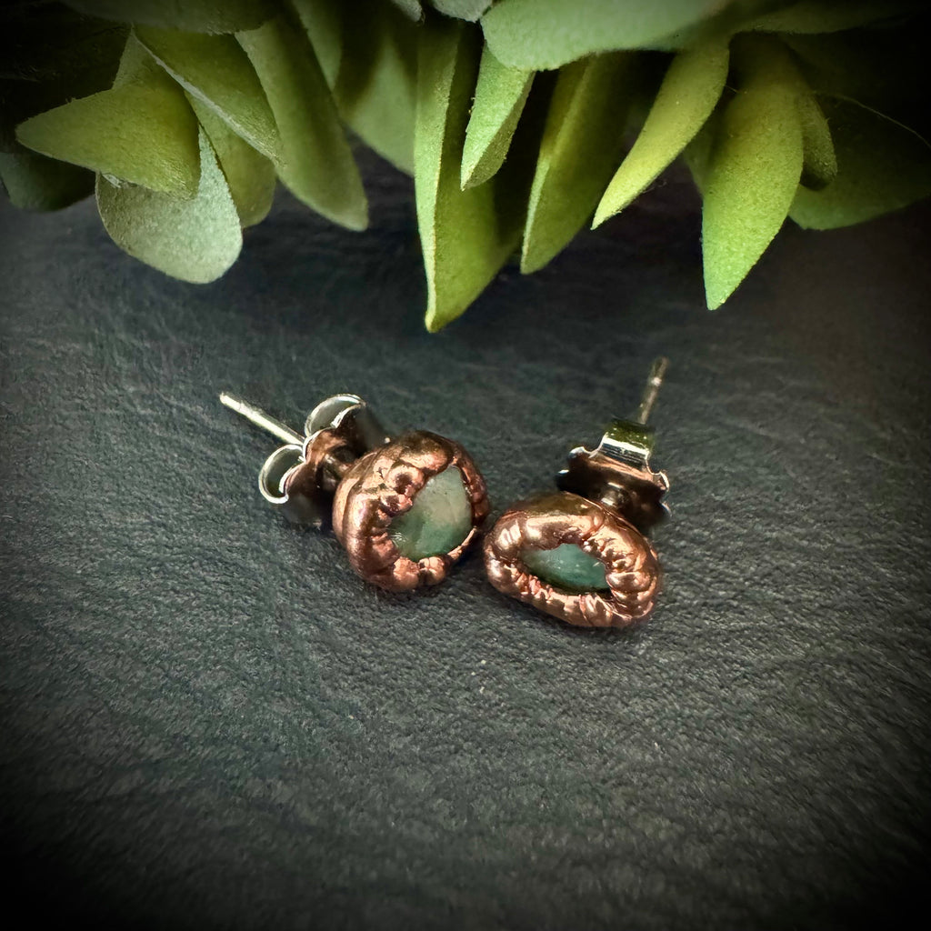 Electroformed Copper Amazonite Stud Earrings: Handmade Crystal Jewelry