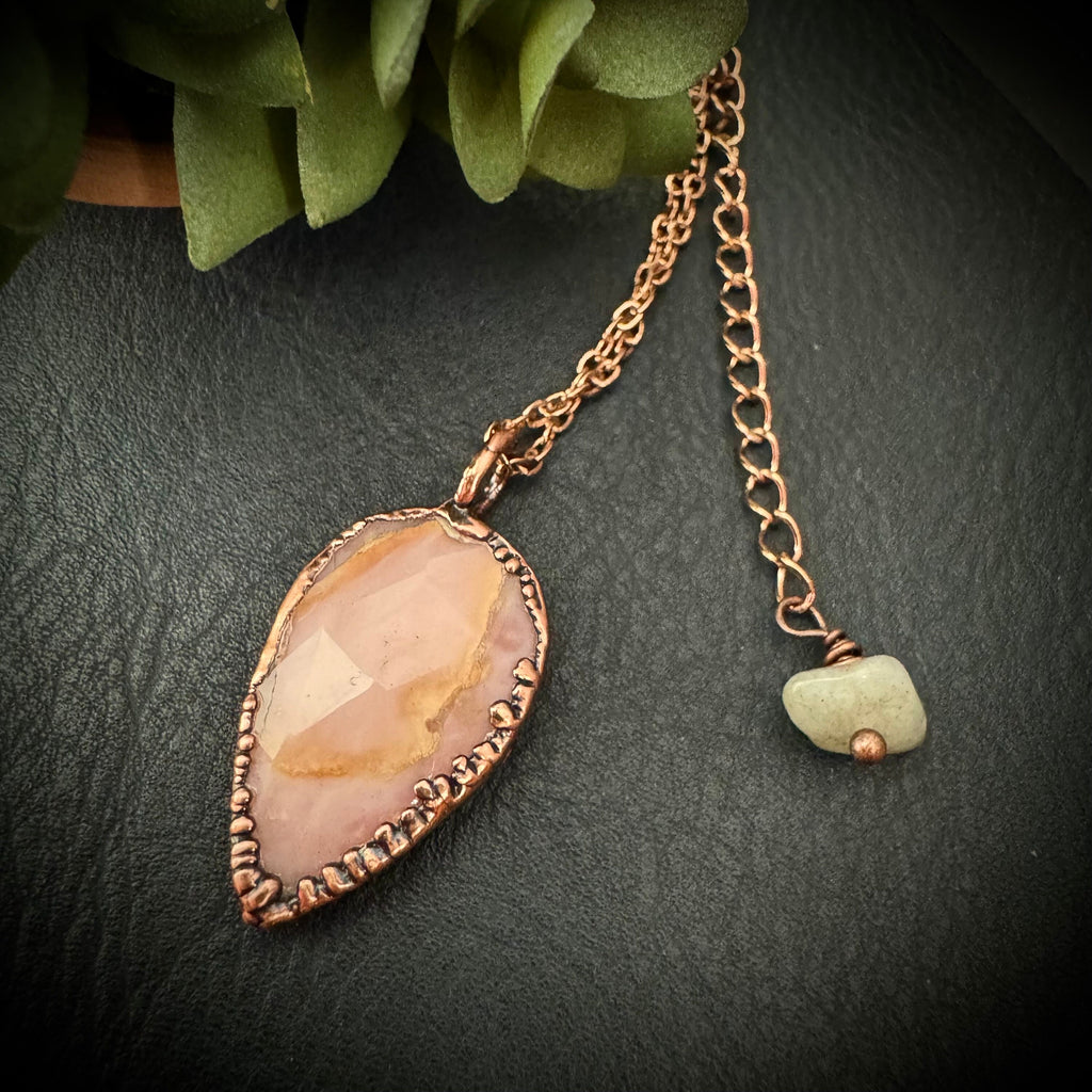 Pink Opal Rose Cut Necklace: Electroformed Copper Pendant, October Birthstone