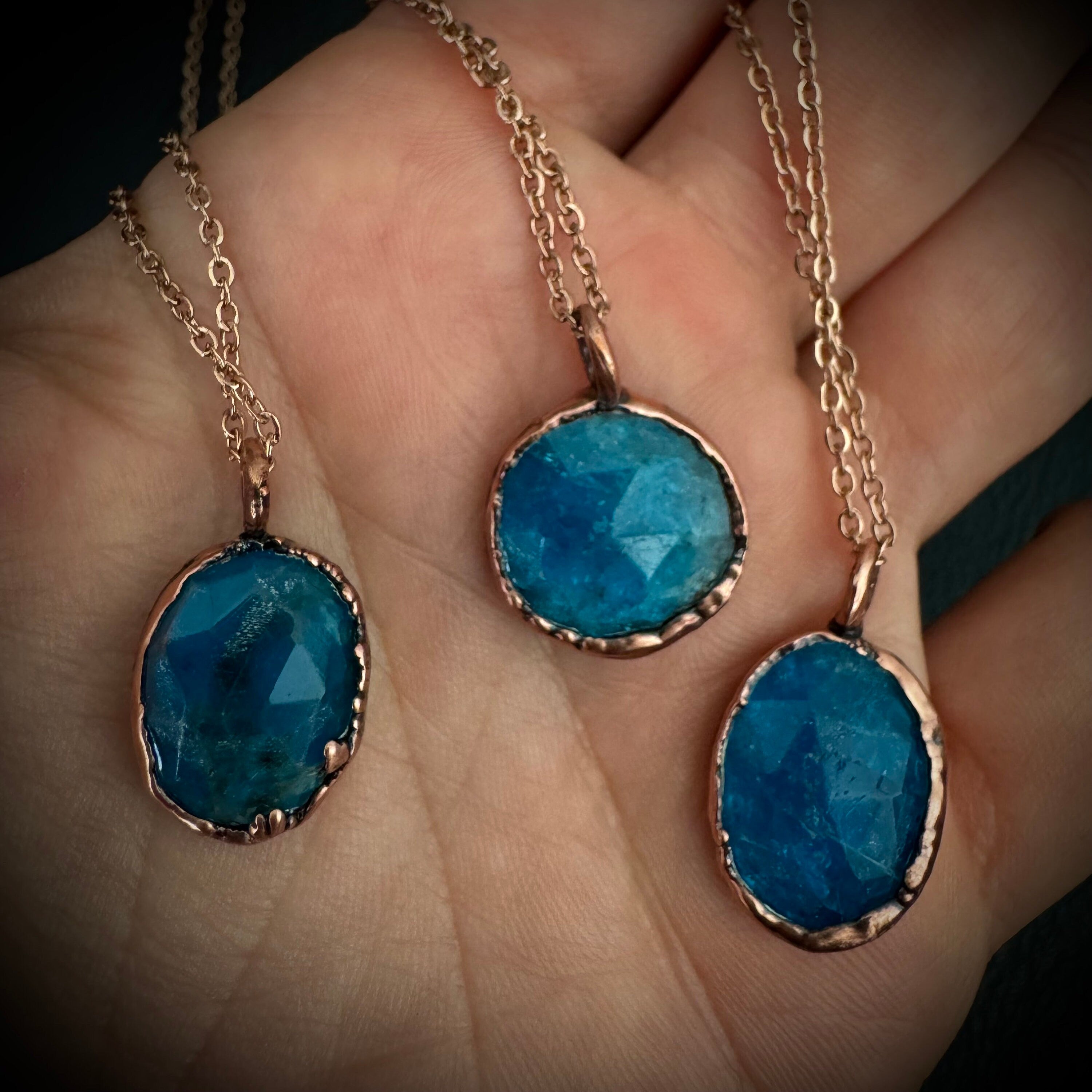 Blue Apatite Rose Cut Necklace / Dainty Crystal Necklace / Electroformed Copper Jewelry