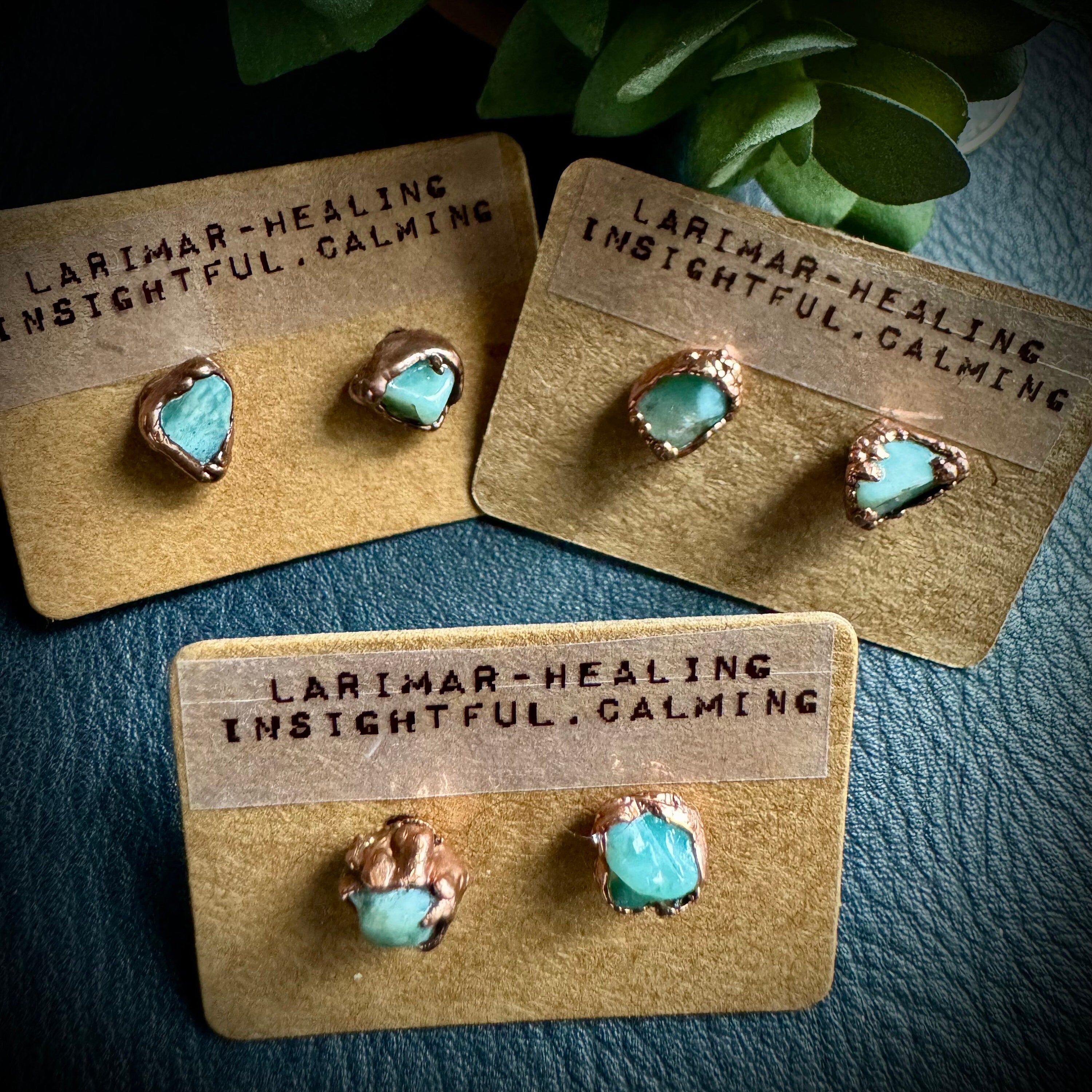 Larimar Stud Earrings: Small Raw Crystal, Electroformed Copper