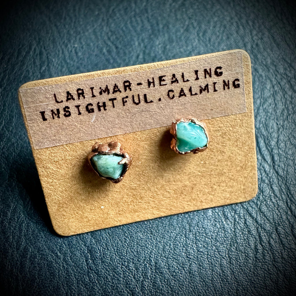 Larimar Stud Earrings: Small Raw Crystal, Electroformed Copper