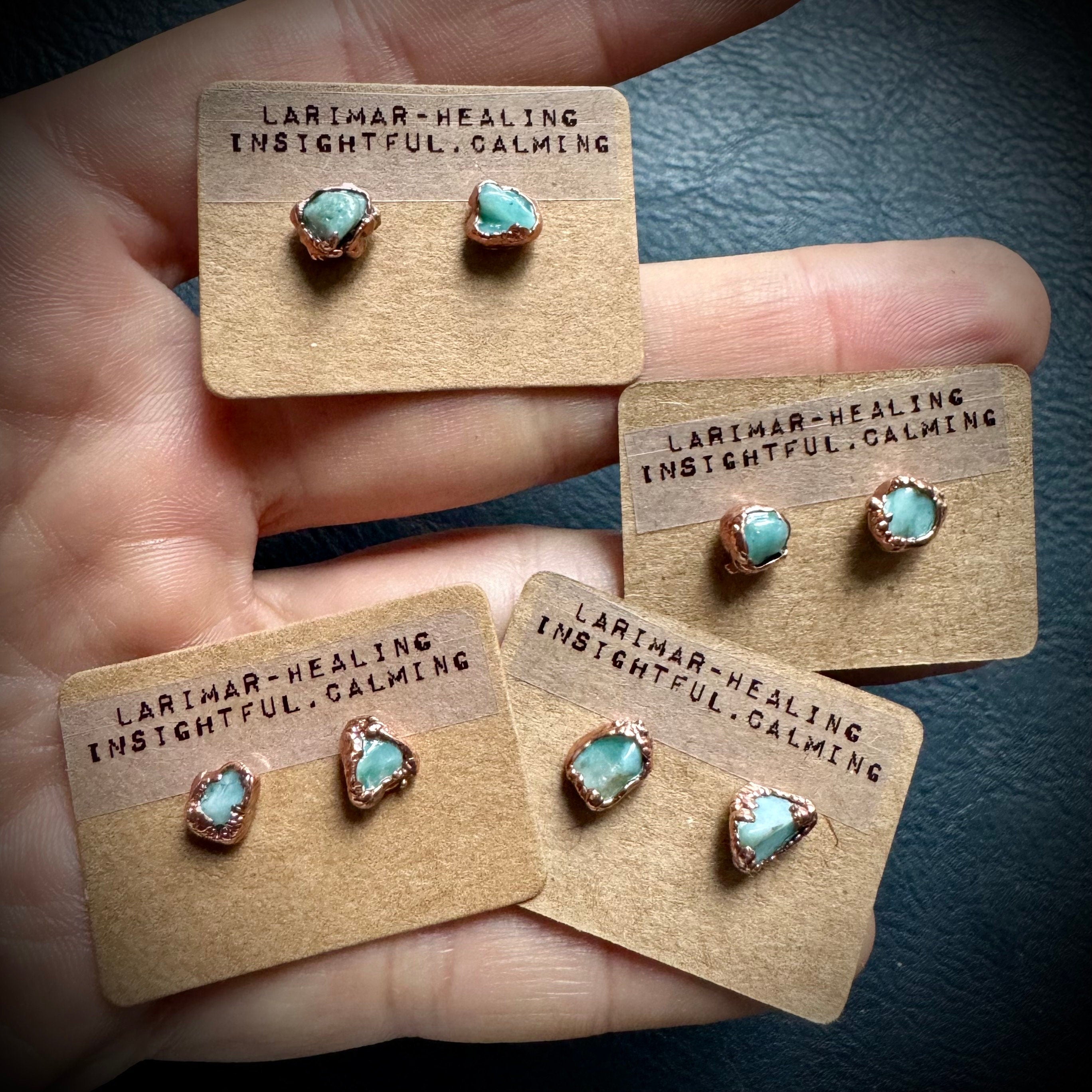 Larimar Stud Earrings: Small Raw Crystal, Electroformed Copper