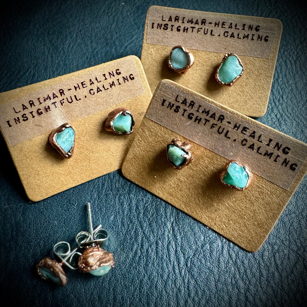 Larimar Stud Earrings: Small Raw Crystal, Electroformed Copper
