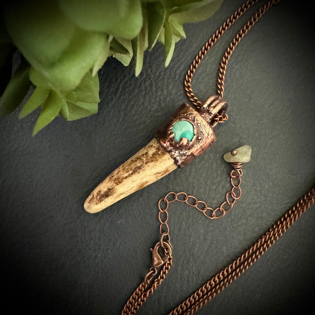 Turquoise Crystal Deer Antler Necklace: Electroformed Copper Pendant