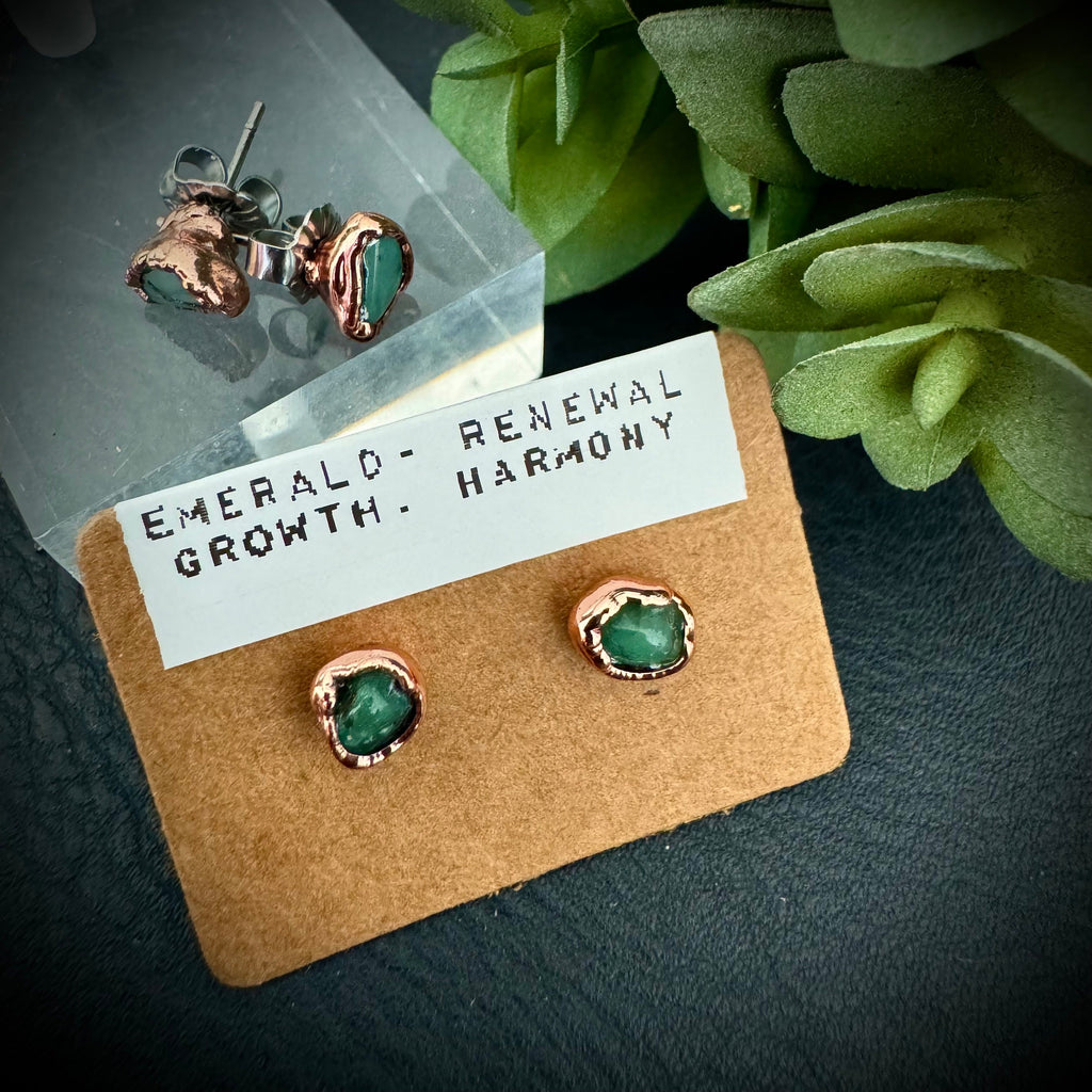 Emerald Copper Stud Earrings Birthstone May / Electroformed Mineral Jewelry / Simple Studs