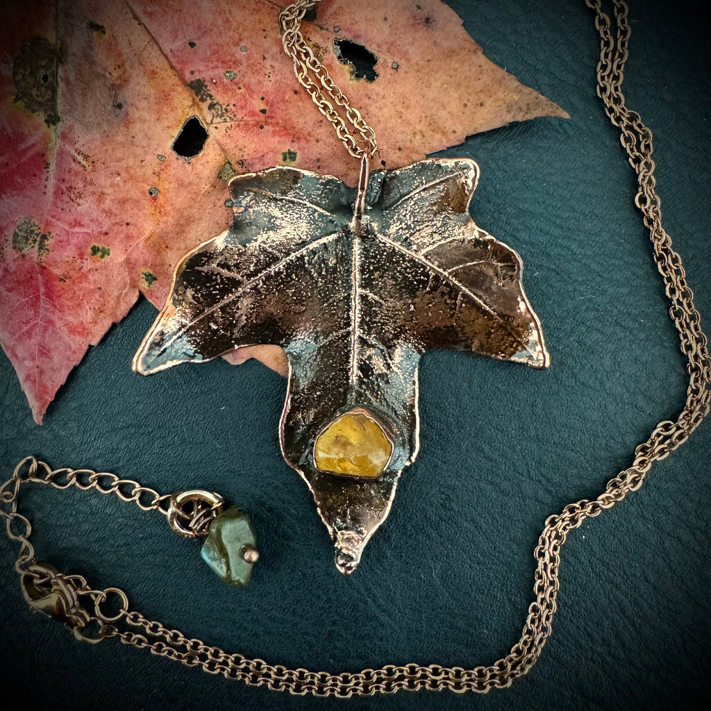 Citrine Real Fall Leaf Necklace / Electroformed Copper Leaf / Nature Inspired Necklace / November Birthstone Necklace / Fall Autumn Necklace