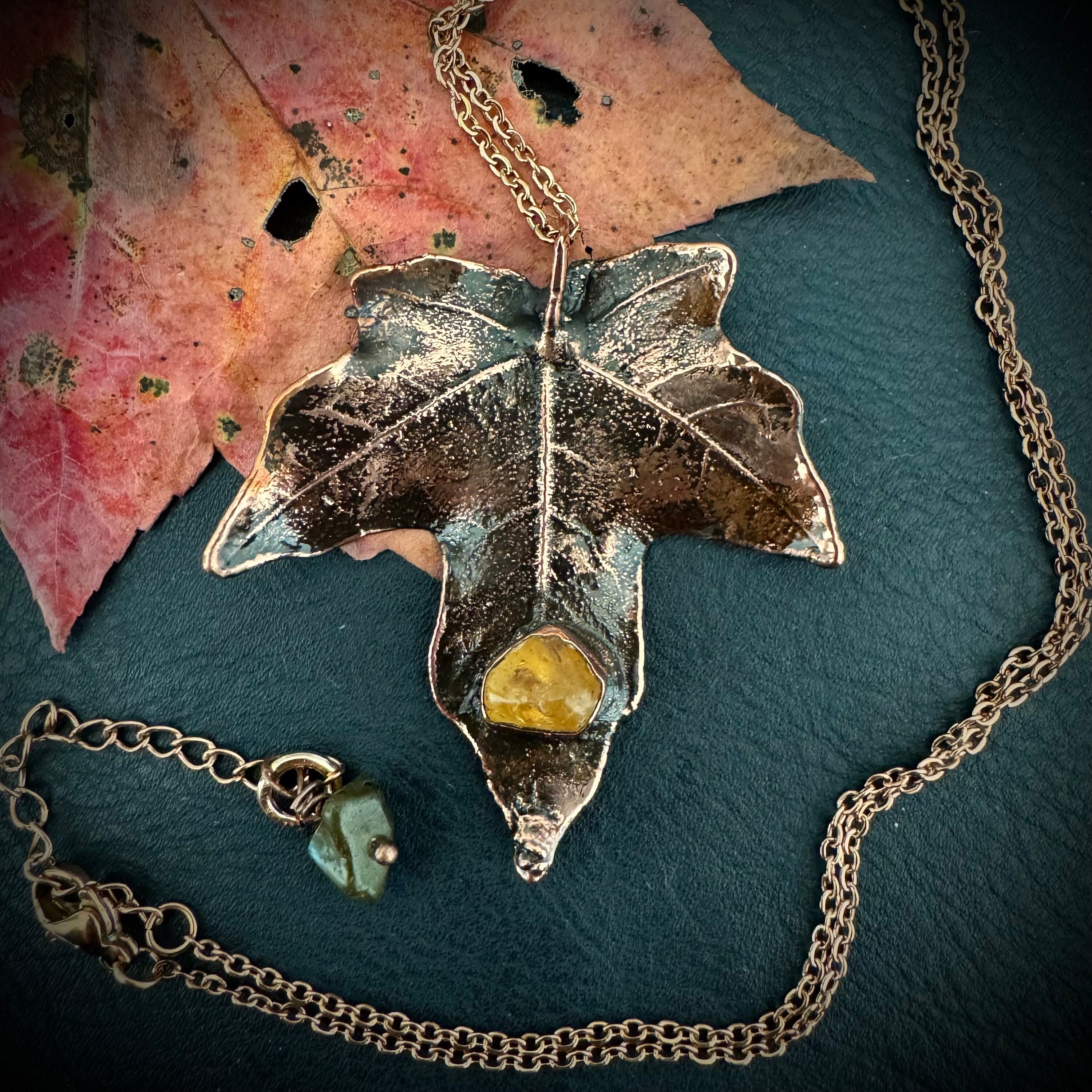 Citrine Real Fall Leaf Necklace / Electroformed Copper Leaf / Nature Inspired Necklace / November Birthstone Necklace / Fall Autumn Necklace