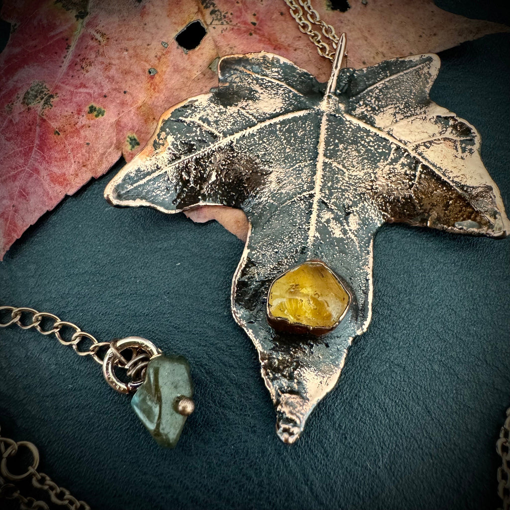 Citrine Real Fall Leaf Necklace / Electroformed Copper Leaf / Nature Inspired Necklace / November Birthstone Necklace / Fall Autumn Necklace