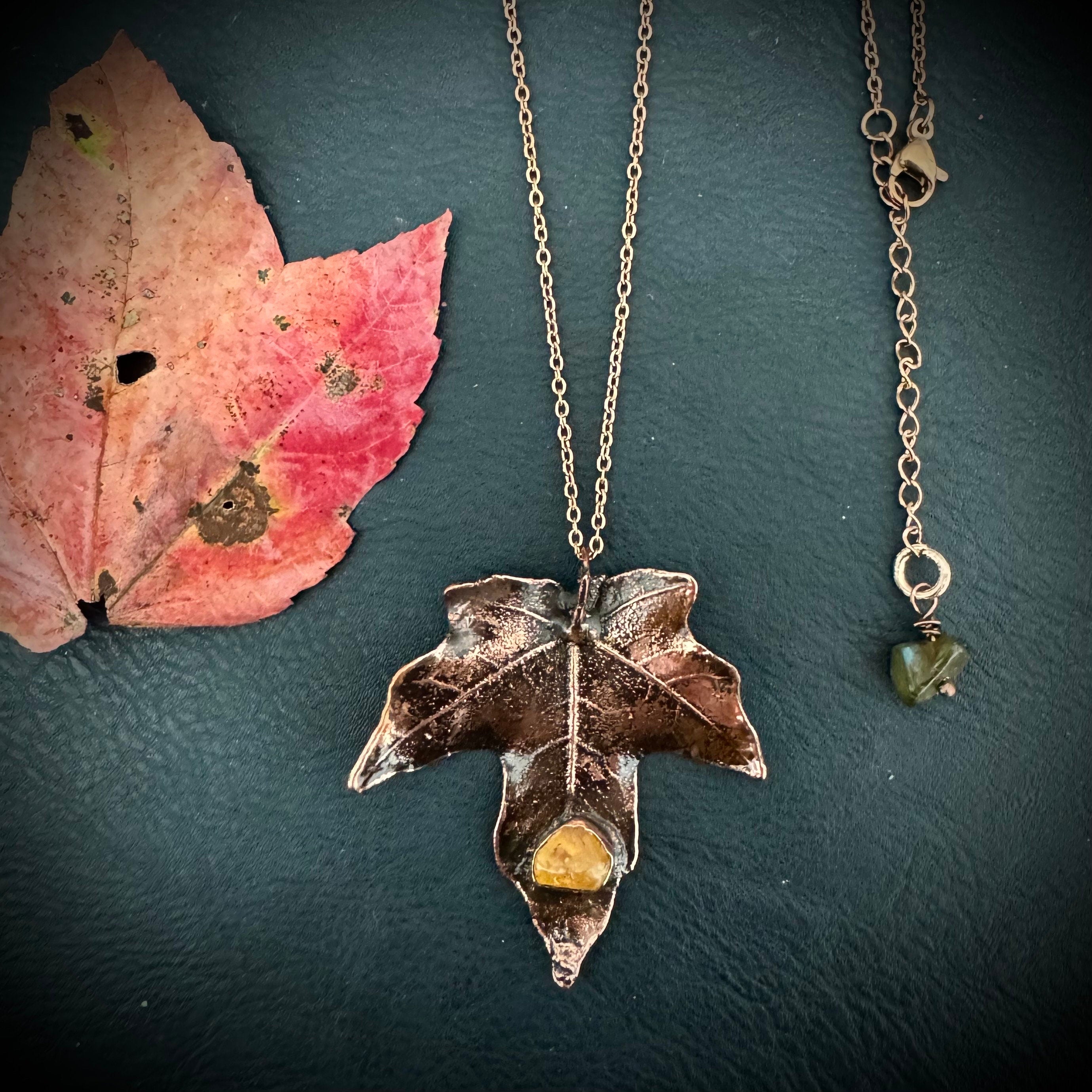 Citrine Real Fall Leaf Necklace / Electroformed Copper Leaf / Nature Inspired Necklace / November Birthstone Necklace / Fall Autumn Necklace