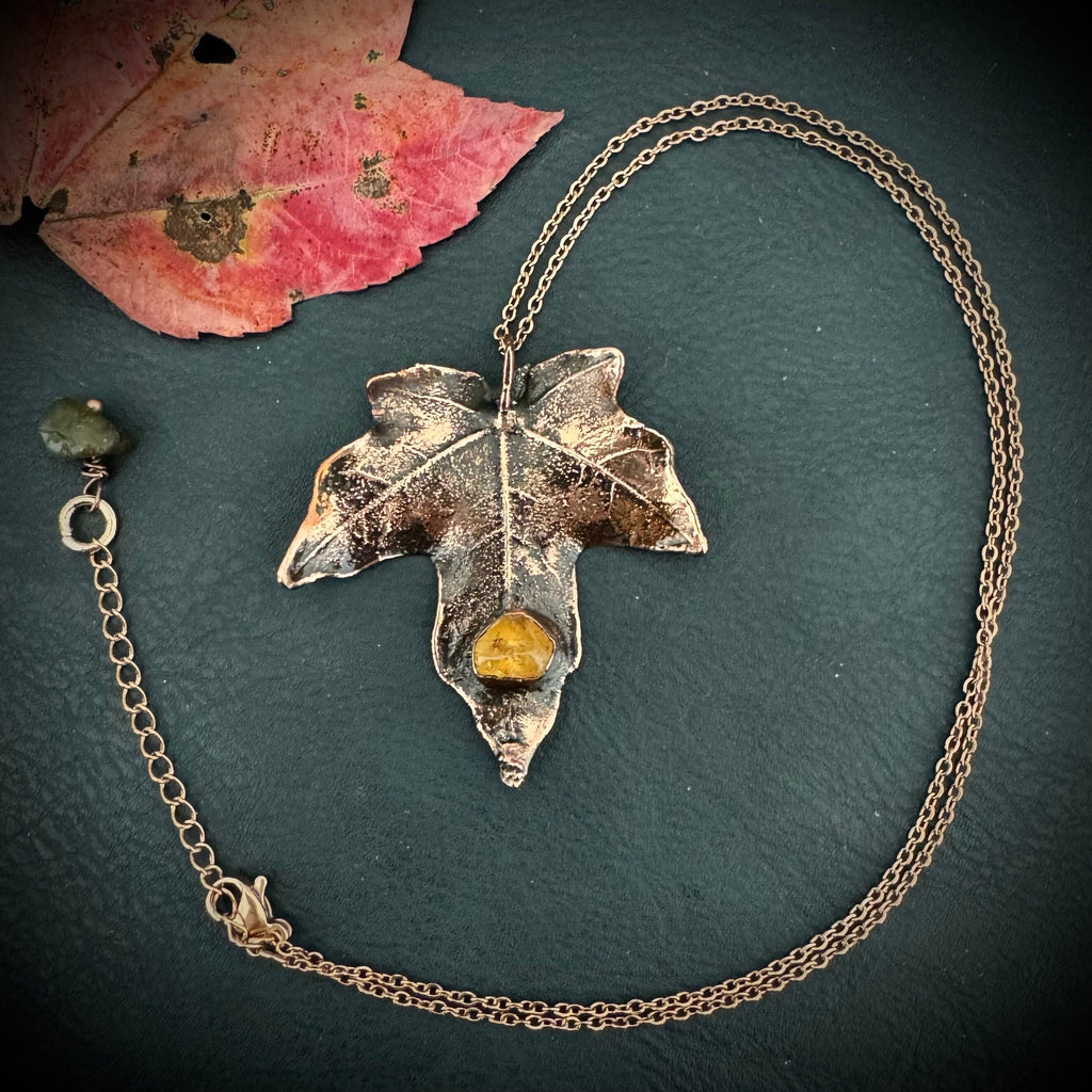 Citrine Real Fall Leaf Necklace / Electroformed Copper Leaf / Nature Inspired Necklace / November Birthstone Necklace / Fall Autumn Necklace