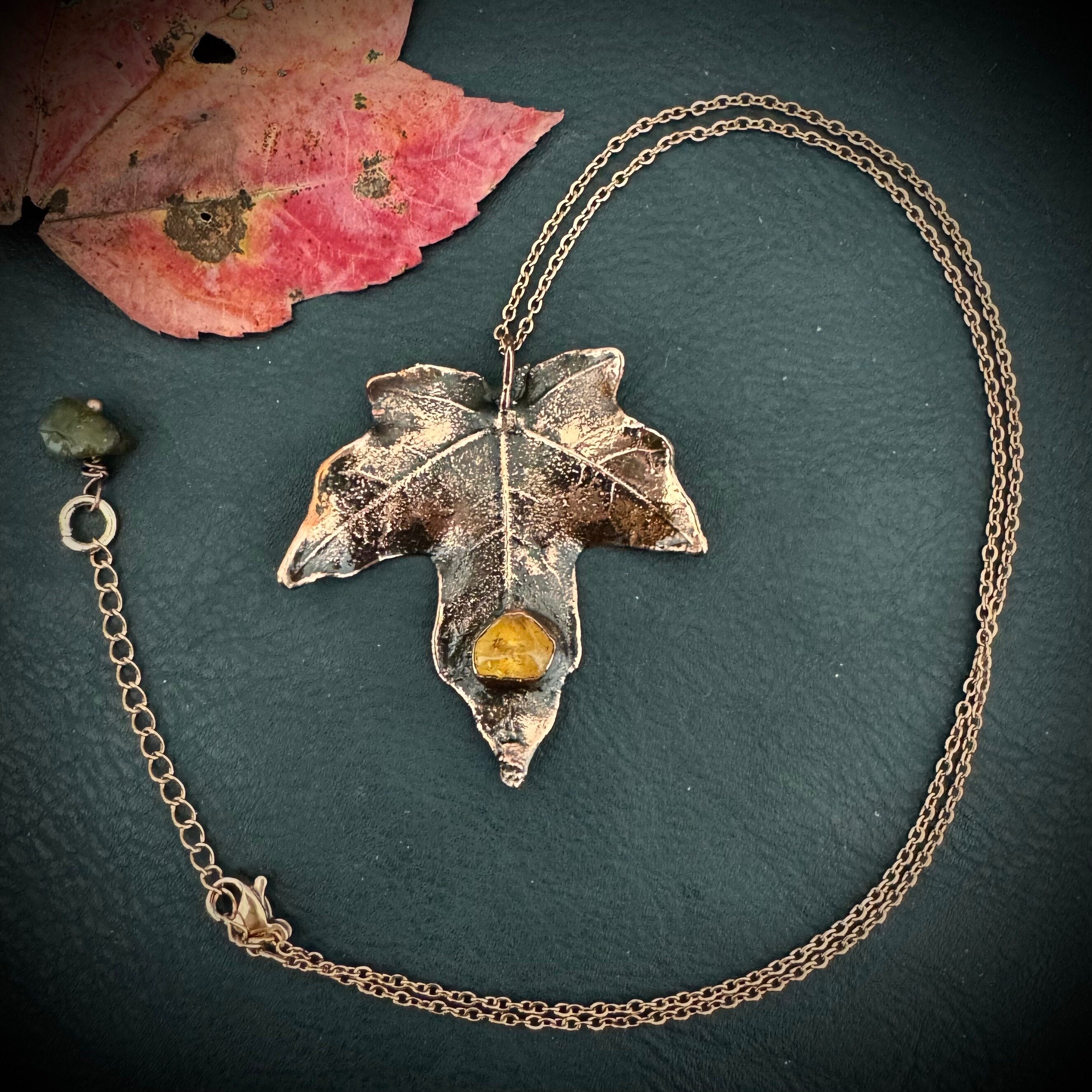 Citrine Real Fall Leaf Necklace / Electroformed Copper Leaf / Nature Inspired Necklace / November Birthstone Necklace / Fall Autumn Necklace