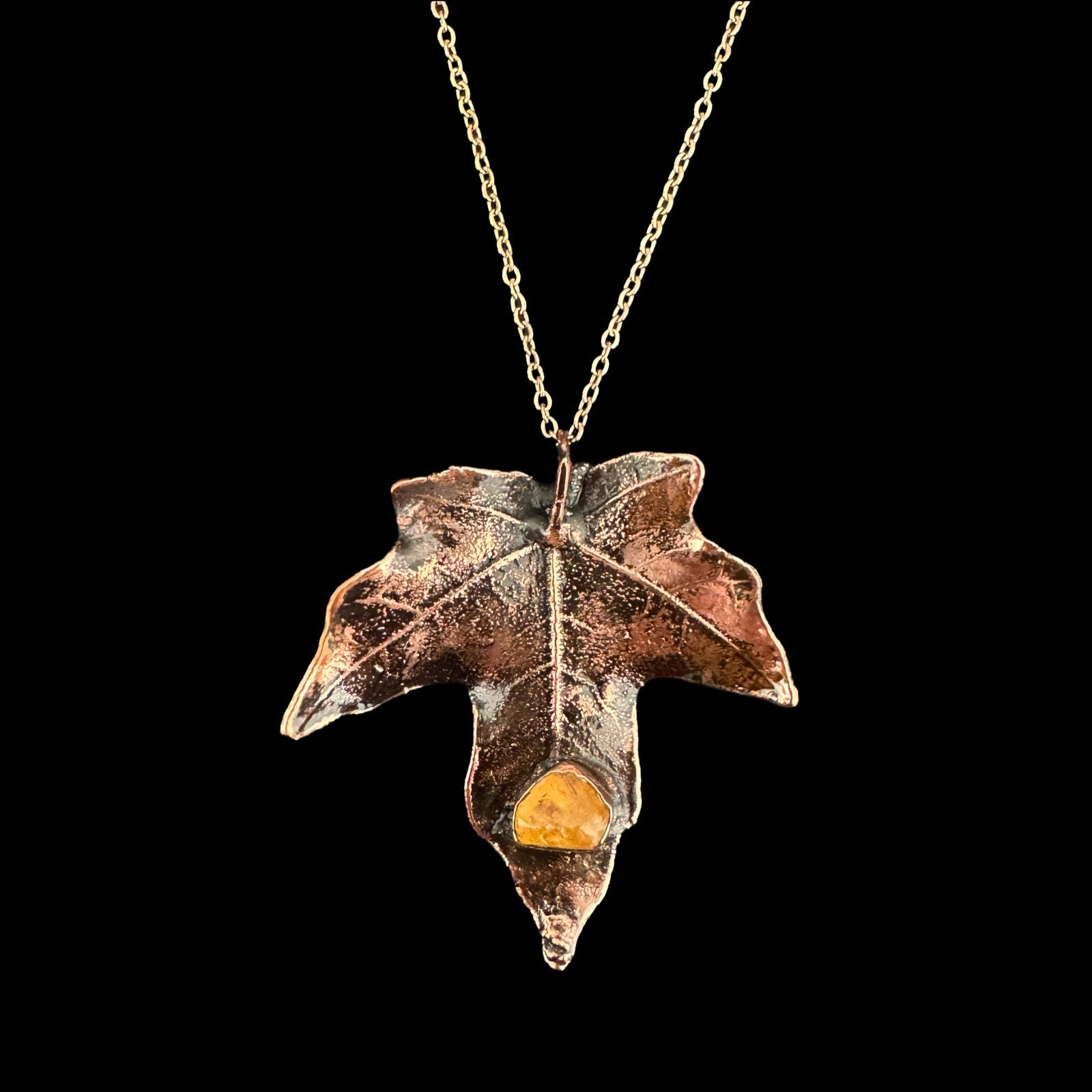Citrine Real Fall Leaf Necklace / Electroformed Copper Leaf / Nature Inspired Necklace / November Birthstone Necklace / Fall Autumn Necklace