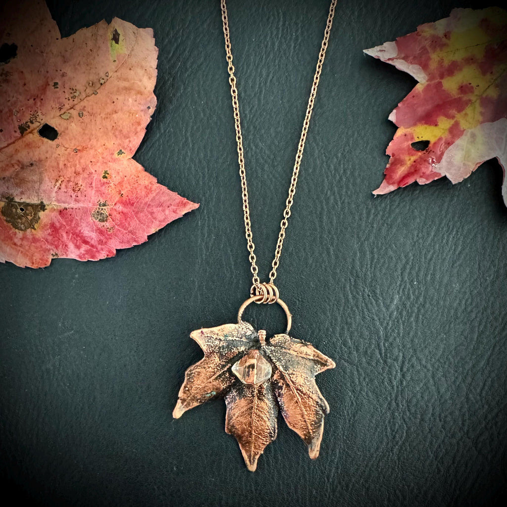 Herkimer Diamond Leaf Necklace: Electroformed Copper, Nature Inspired