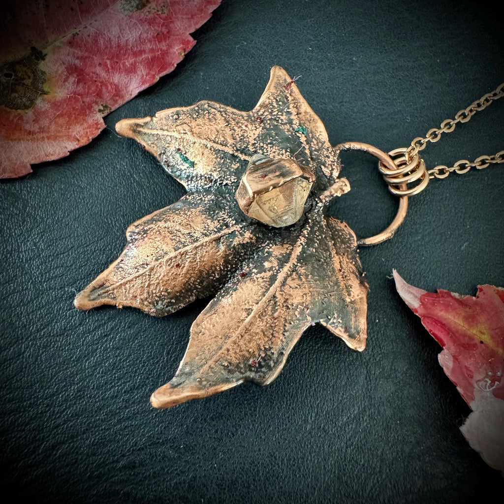 Herkimer Diamond Leaf Necklace: Electroformed Copper, Nature Inspired