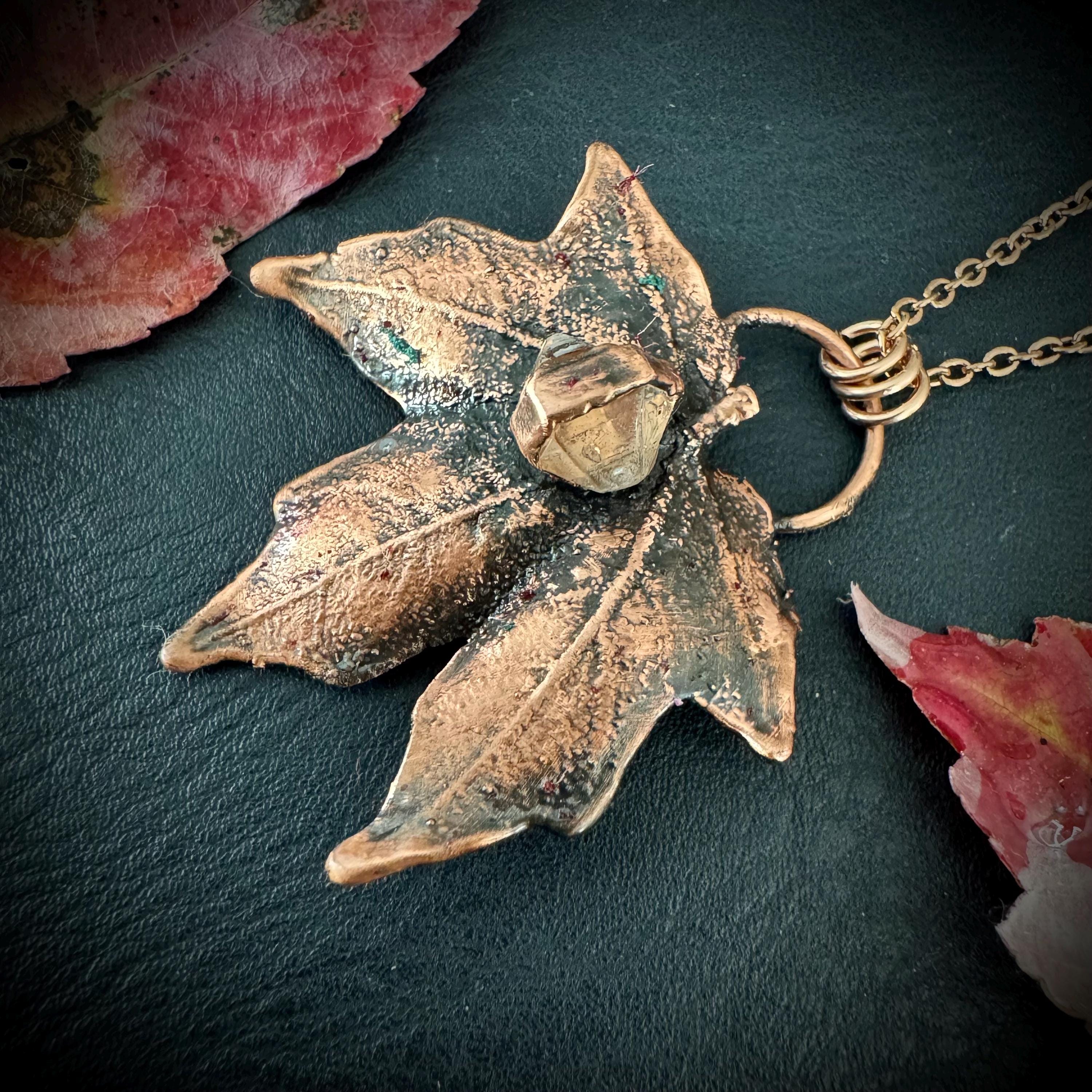 Herkimer Diamond Leaf Necklace: Electroformed Copper, Nature Inspired