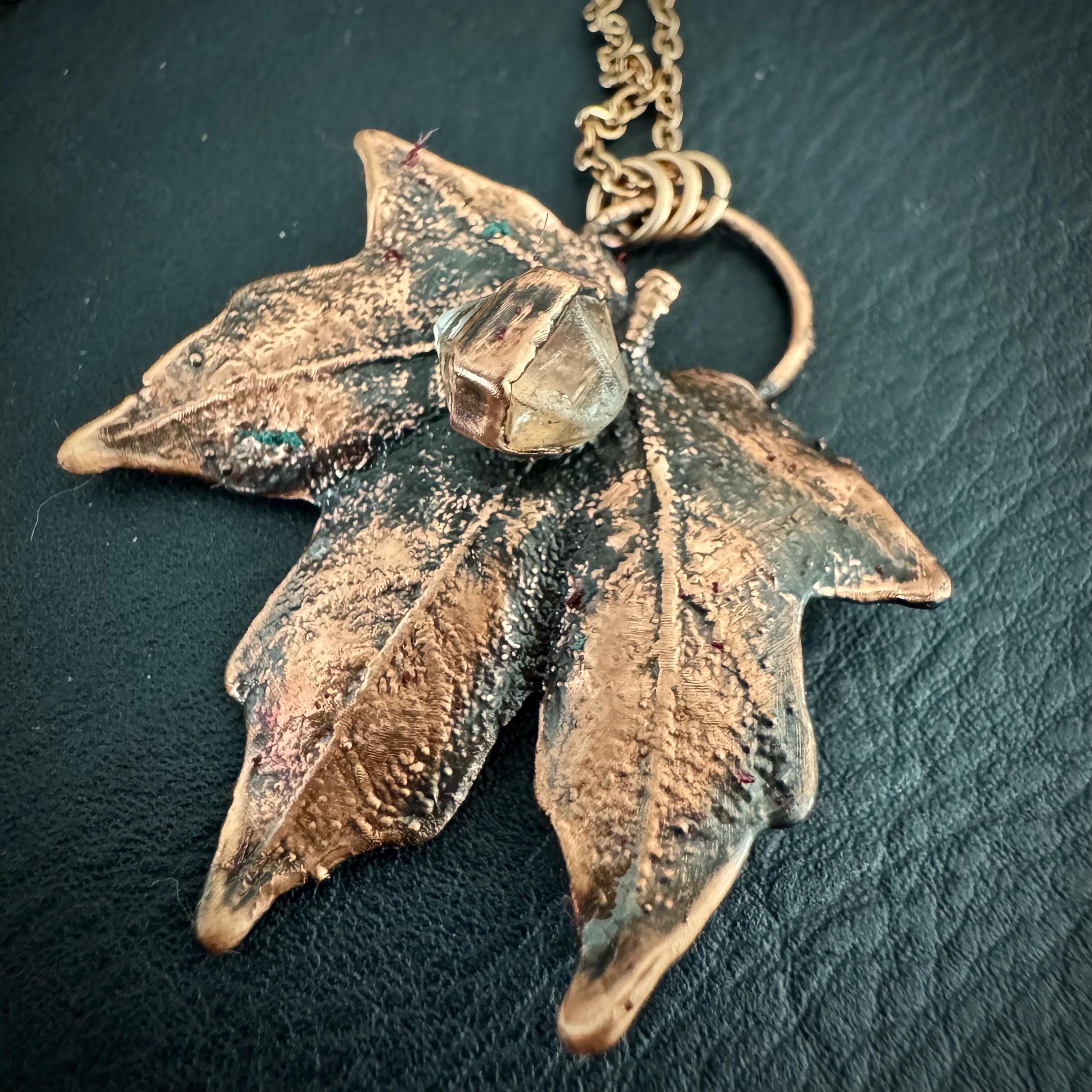 Herkimer Diamond Leaf Necklace: Electroformed Copper, Nature Inspired
