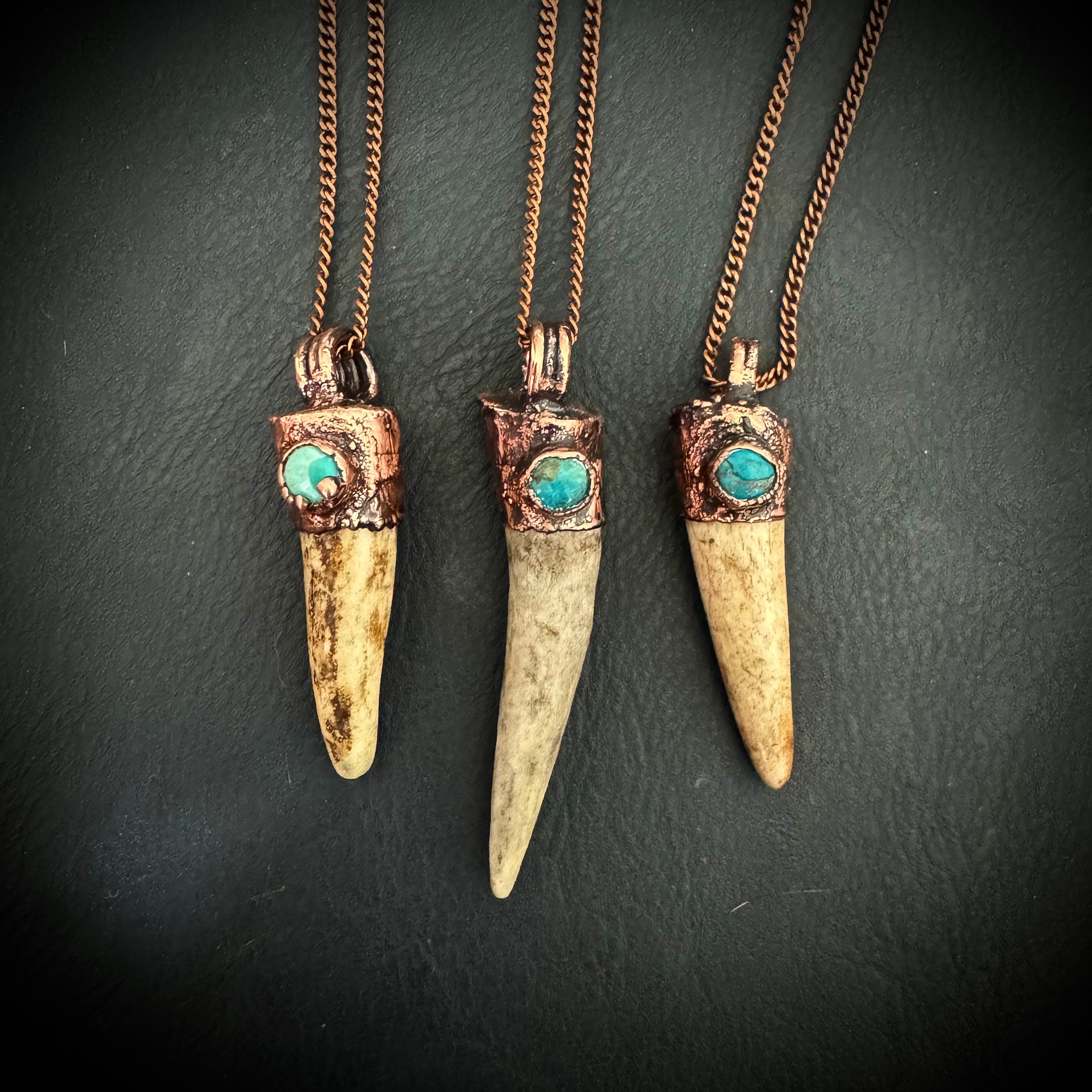 Turquoise Crystal Deer Antler Necklace: Electroformed Copper Pendant