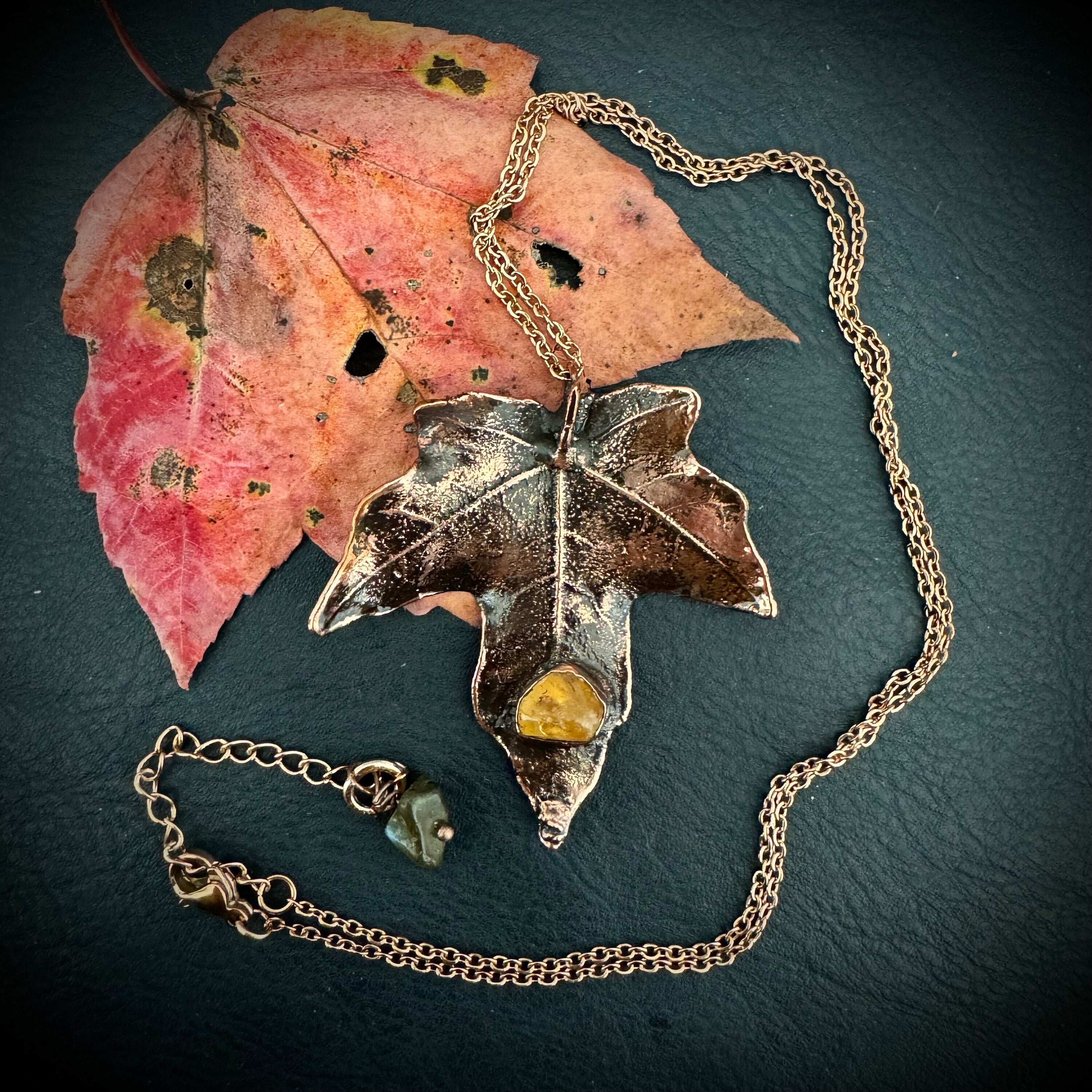 Citrine Real Fall Leaf Necklace / Electroformed Copper Leaf / Nature Inspired Necklace / November Birthstone Necklace / Fall Autumn Necklace